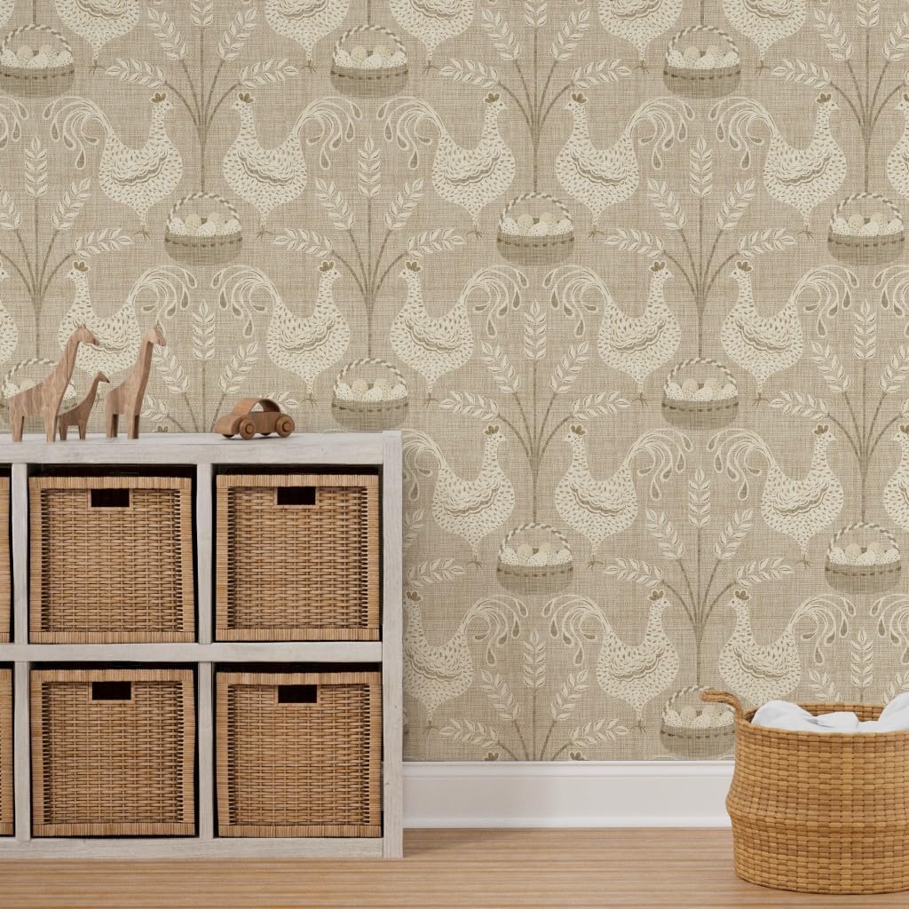 Spoonflower Peel & Stick Wallpaper 6ft x 2ft - Vintage Chickens Neutral Kitchen Eggs Farmhouse Custom Removable Wallpaper