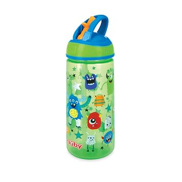 Nuby 2 Pack Iridescent PP Flip-it Kids On-The-Go Printed Water Bottle with Bite Proof Hard Straw - 18oz / 540 ml, 18+ Months, 2 pk, Robot & Friendly Monster Print