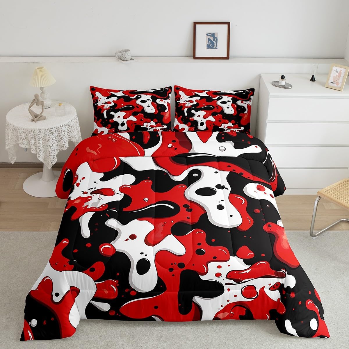 jejeloiu Camouflage Bedding Set Soft for Boys Girls, Red Comforter Set Twin Size Camo Duvet Quilt Microfiber Military Style Bedroom Decor 2 Pcs with 1 Pillow Cases