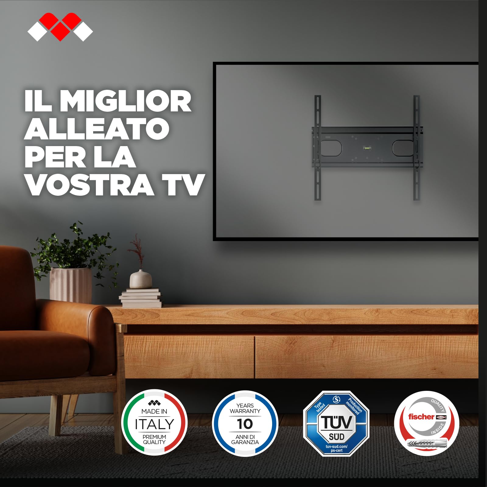 Meliconi Slimstyle Plus Extra 400F, Supporto TV Parete 32" a 88" VESA 200-300-400, Portata Max 60 Kg, Adatto Anche a Pareti in Cartongesso, con Sistema Fast Block, Made in Italy