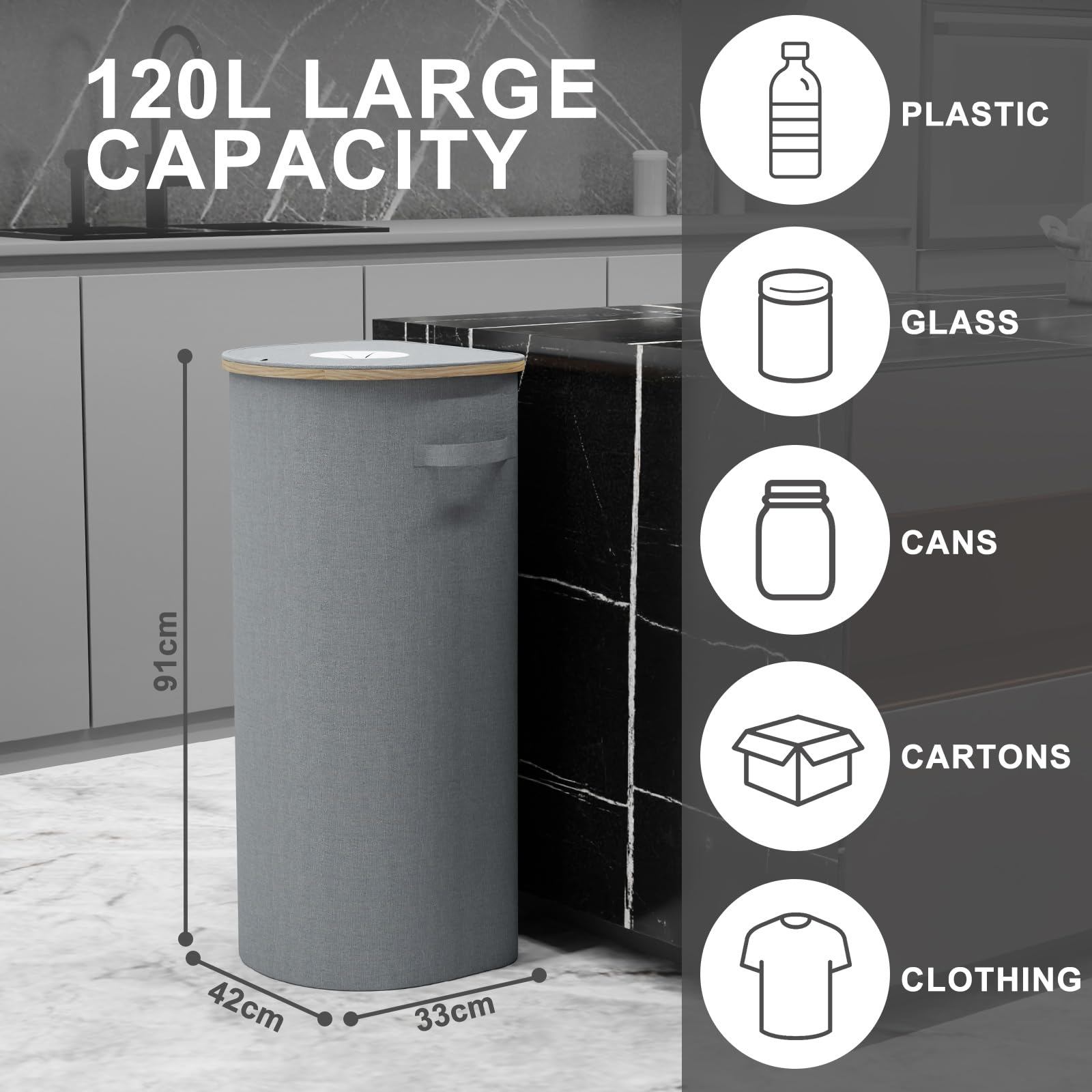 Deco haus® Gele zakkenstandaard 90L [extra draagtas] - Gele zakkenbak - Stevige afvalzakstandaard extra voor gele zakken - Afvalbak met deksel - Afvalsysteem voor keuken & huishouden - Biege