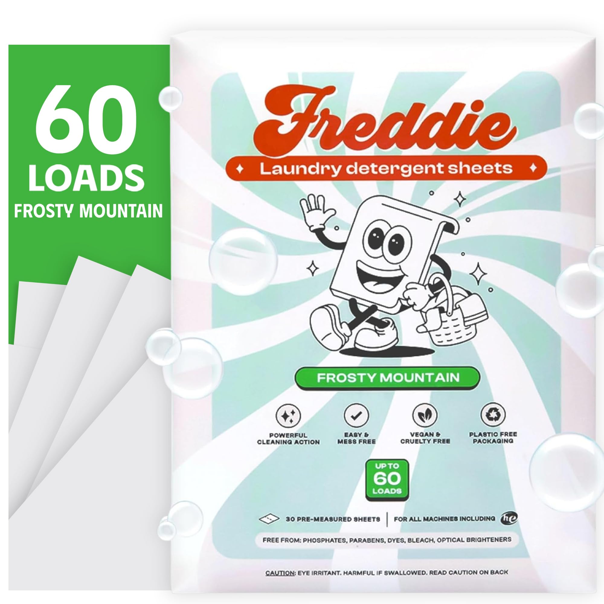 Freddie Laundry Detergent Sheets - Recyclable Packaging - No Mess Strips - 60 Loads - Crisp Frosty Mountain Scent