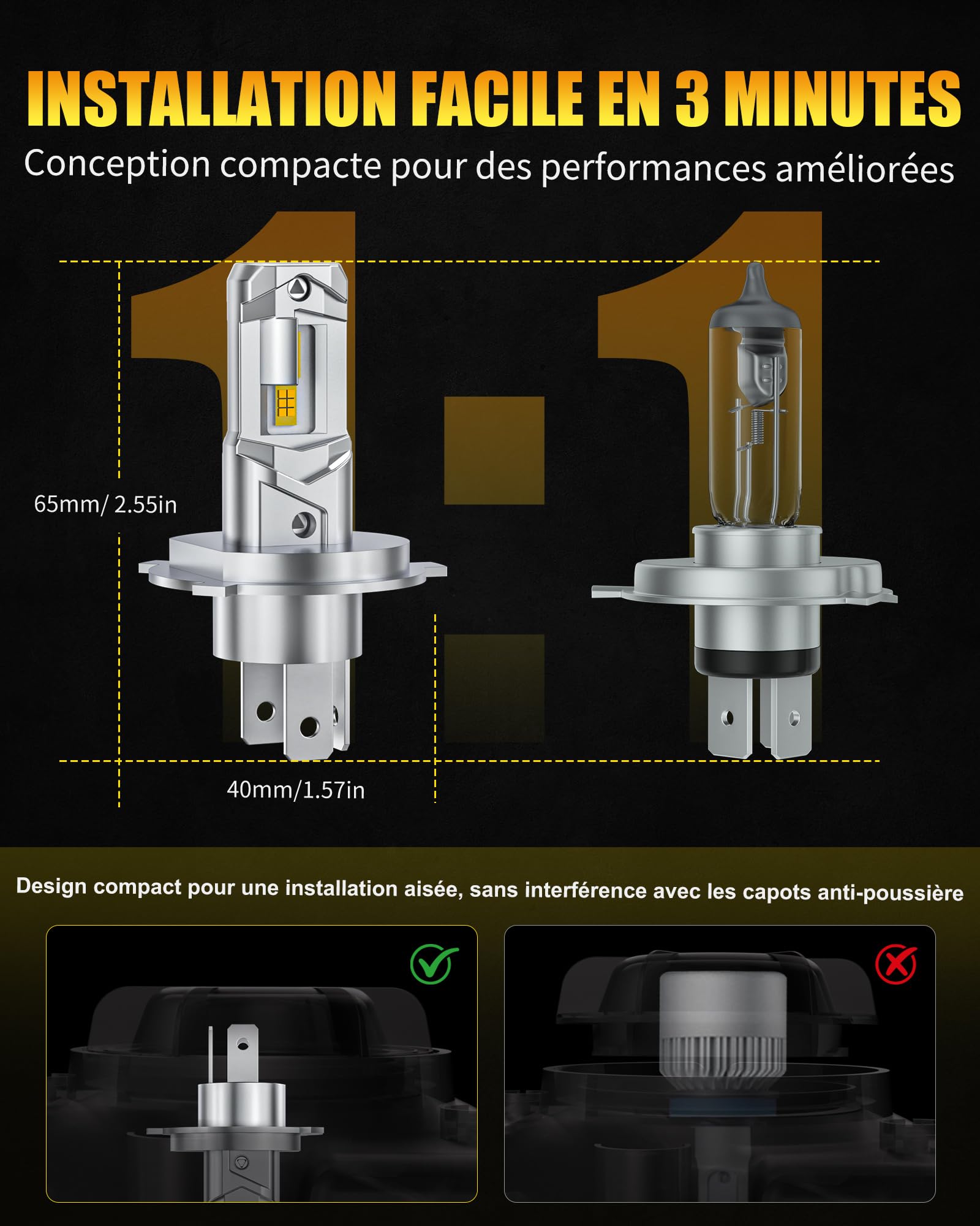 Bombillas LED H4 9003 3000 K, color amarillo ámbar para faros, 20000 lm, 60 W, por par, 9-36 V, compatible con CANBUS, reemplazo halógeno, lote de 2