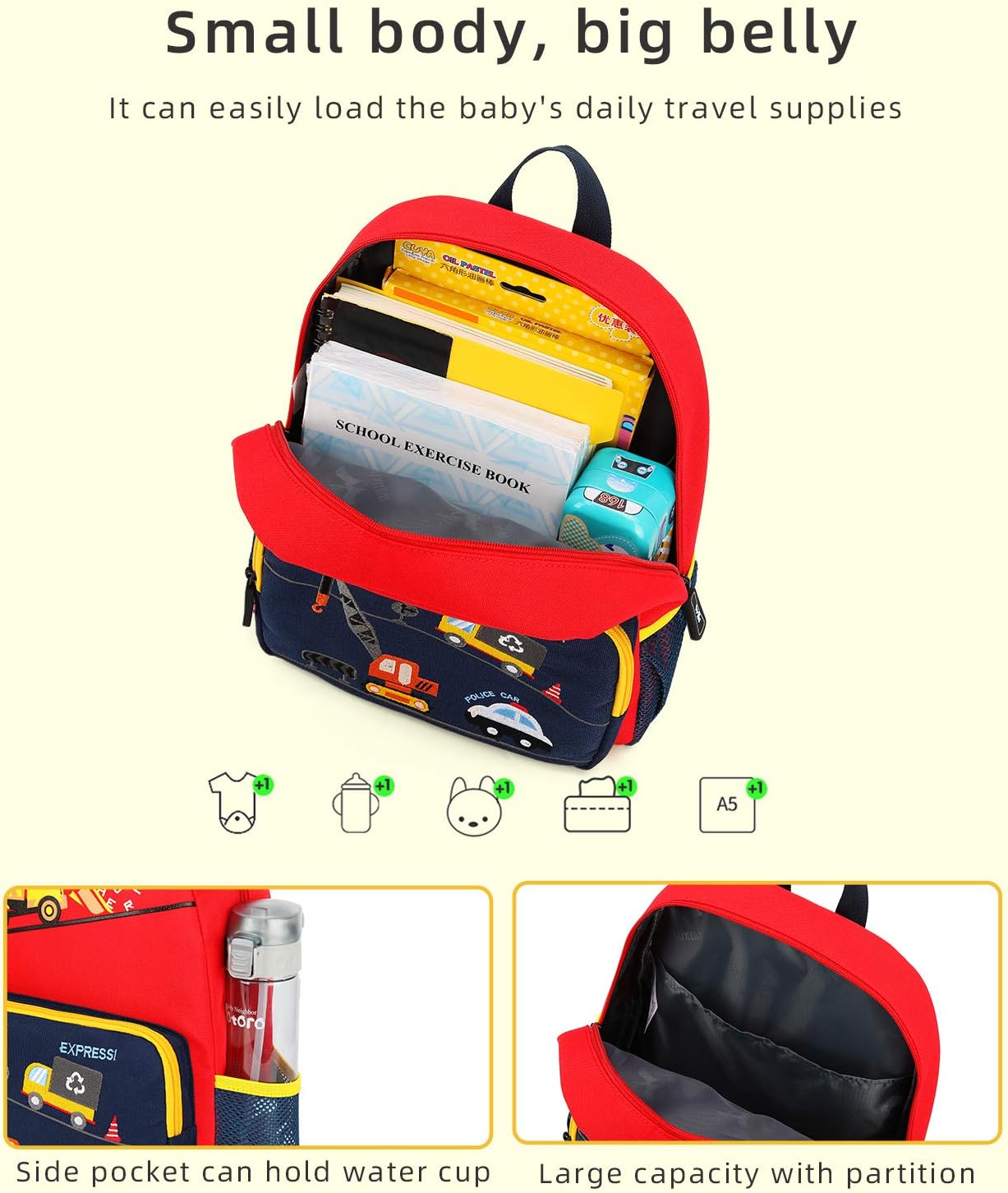 willikiva Car Dinosaur Kids Toddler Backpack for Boys and Girls Children Waterproof Preschool Bag(Bus) - Image 4