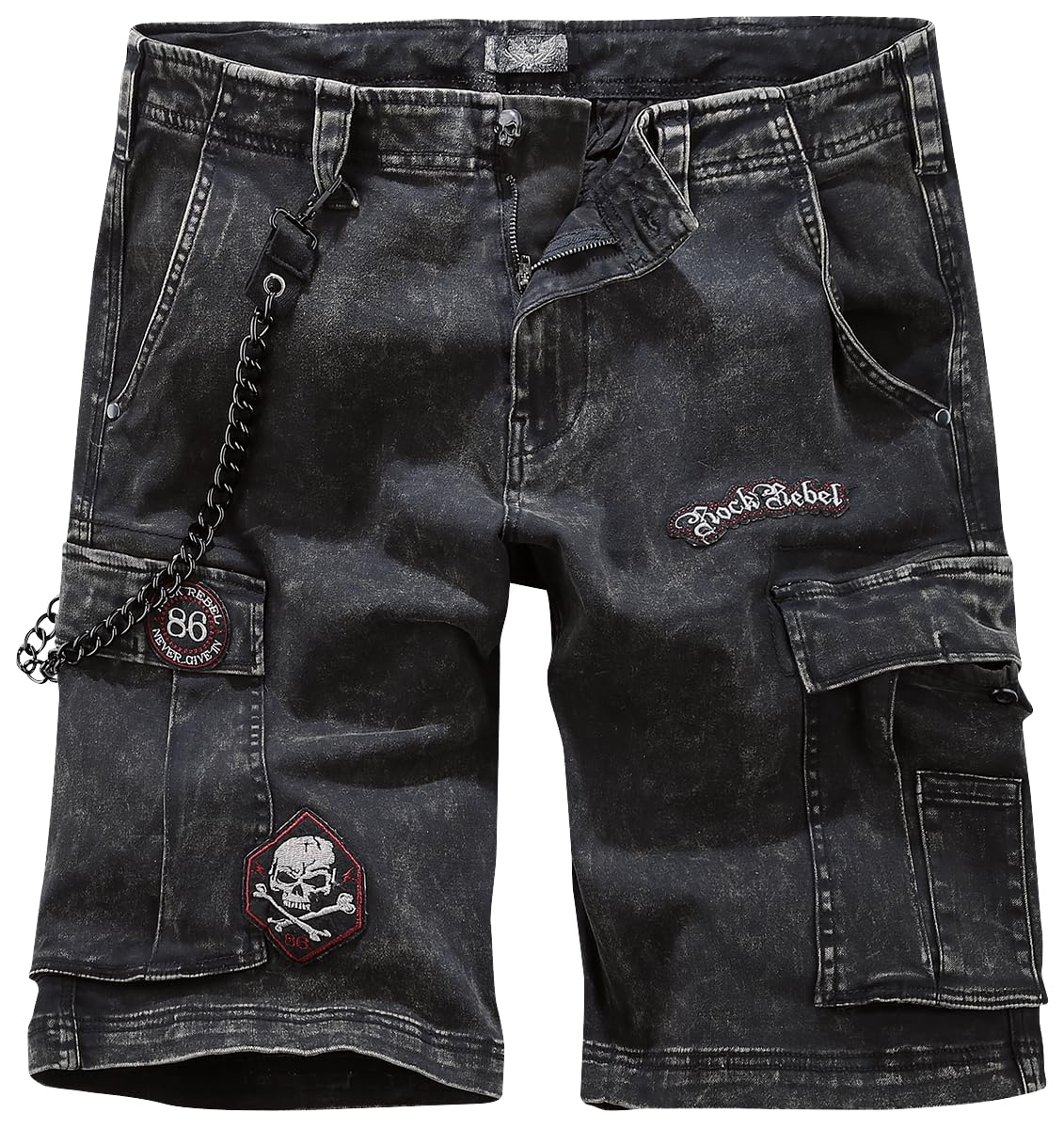Rock Rebel by EMP Herren graue Jeans-Shorts mit Patches und Ketten