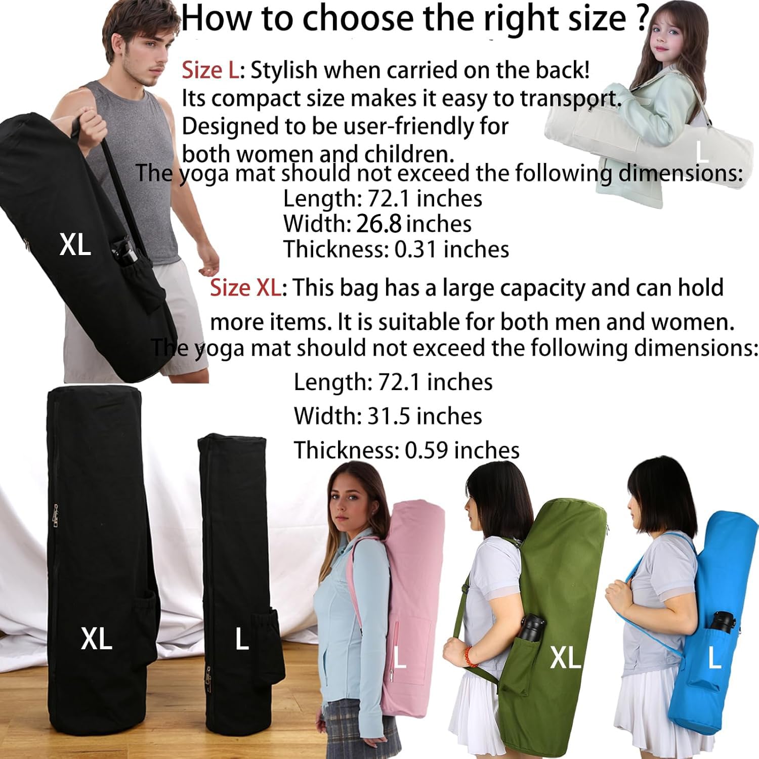 Bolsa de algodón para esterilla de yoga con bolsillos y correa ajustable, bolsa de transporte para esterilla de yoga con cremallera completa, bolsa para esterilla de yoga de 1/4 pulgadas y 1