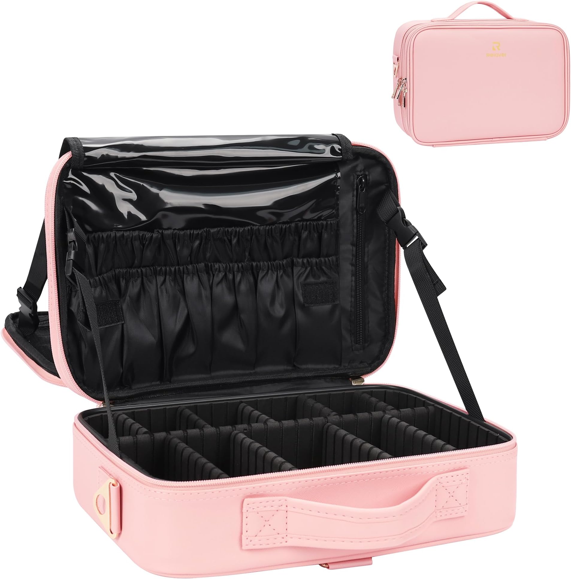 Makeup Bag, Relavel Cosmetic Bag Makeup Case Travel Makeup Bag, Makeup Organizer Bag Makeup Train Case, Profession Makeup Artist Bag with Adjustable Divider Shoulder Strap (pink)