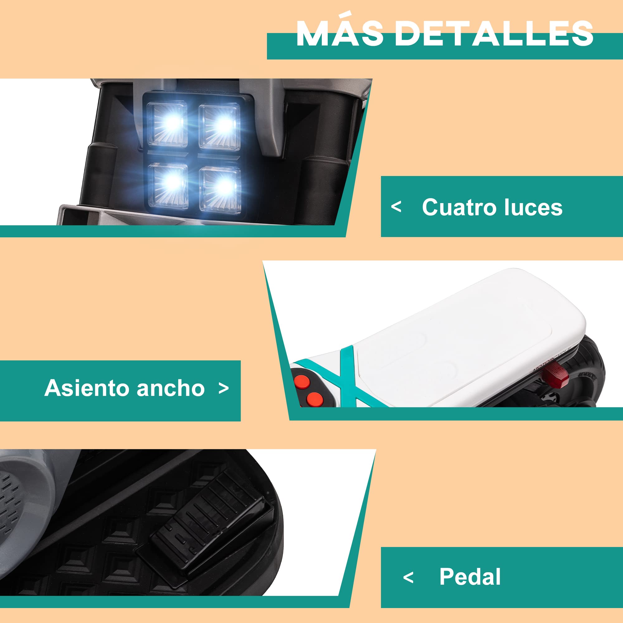 HOMCOM Moto Eléctrica para Niños de 3-5 Años 86x44x58 cm Negro y Blanco | Moto de Batería 6V, Faros, Música, Bocina, Velocidad 3 km/h, Avance Retroceso, Ruedas Auxiliares, Carga 25 kg
