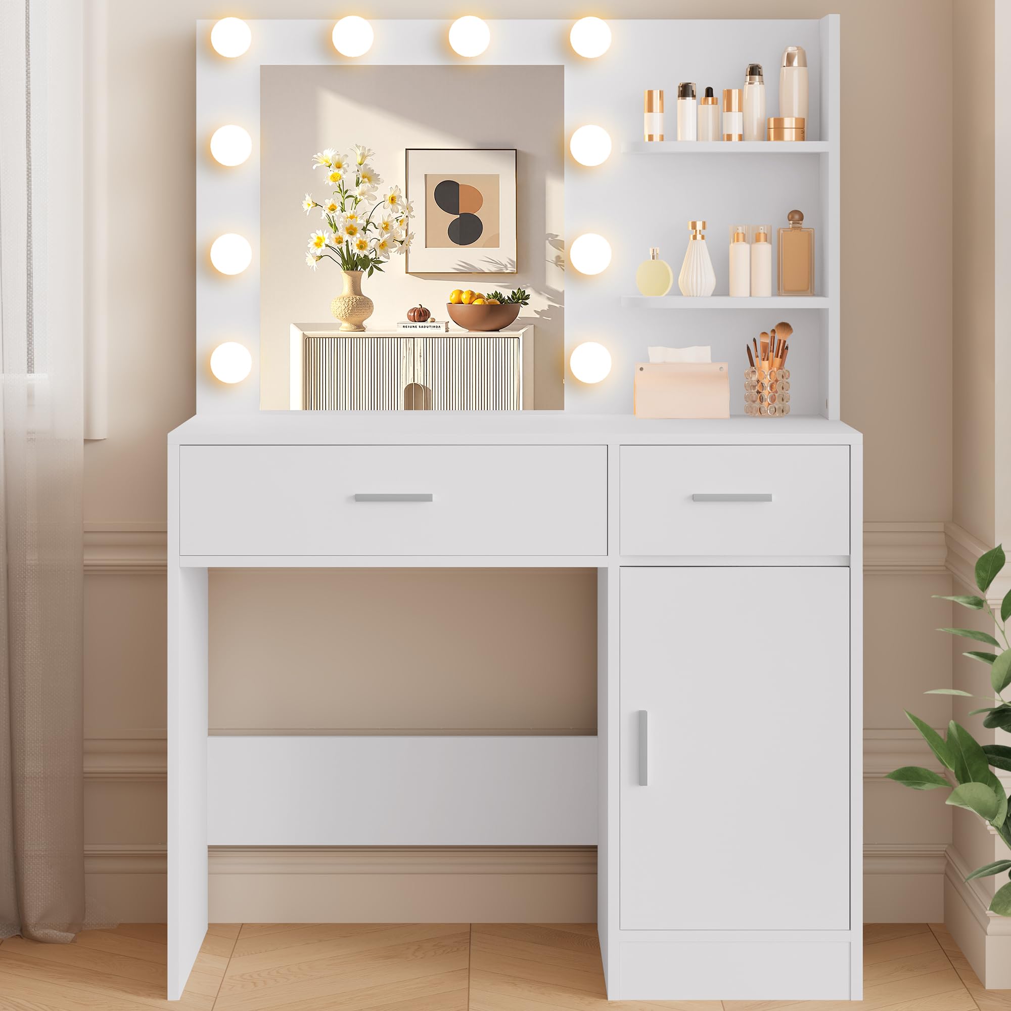 LIVELYGLOW White Makeup Vanity with 10 Hollywood Light Bulbs, 35.4" Wide Dressing Table with Large Mirror & Dimming Function, Small Space Vanity Desk with 2 Drawers, Storage Cabinet & Shelves