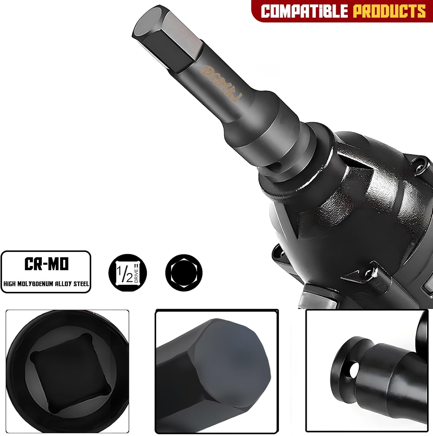 14mm Hex Impact Drill Socket Set, H14 1/2-inch Impact Drive Hex Socket, Cr-Mo Steel Hex Extended Adapter(1/2-14mm)