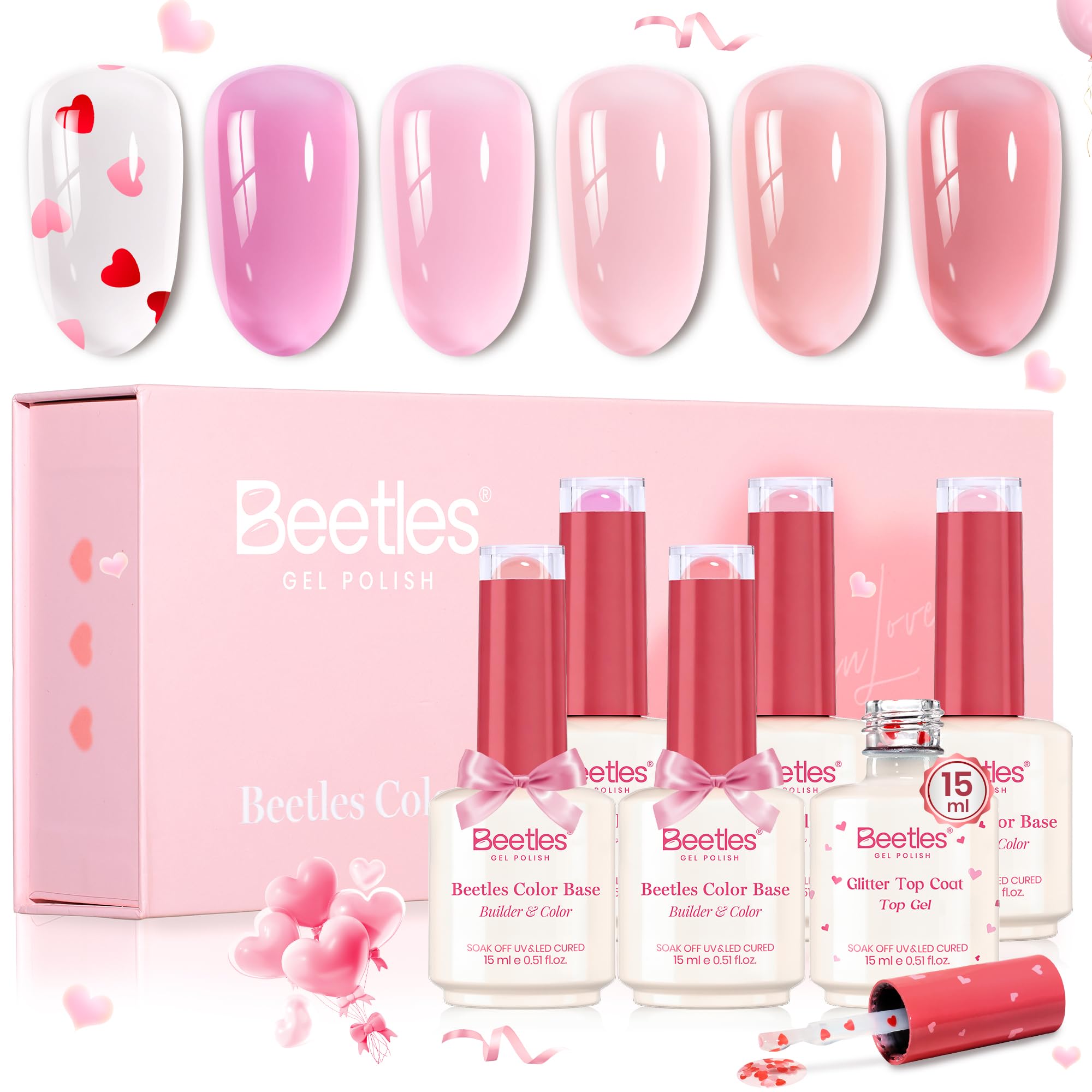 Beetles Rubber Base Gel Nail Polish with Gel Top Coat Pink Red Heart Shape Valentine Limited 5 Colors