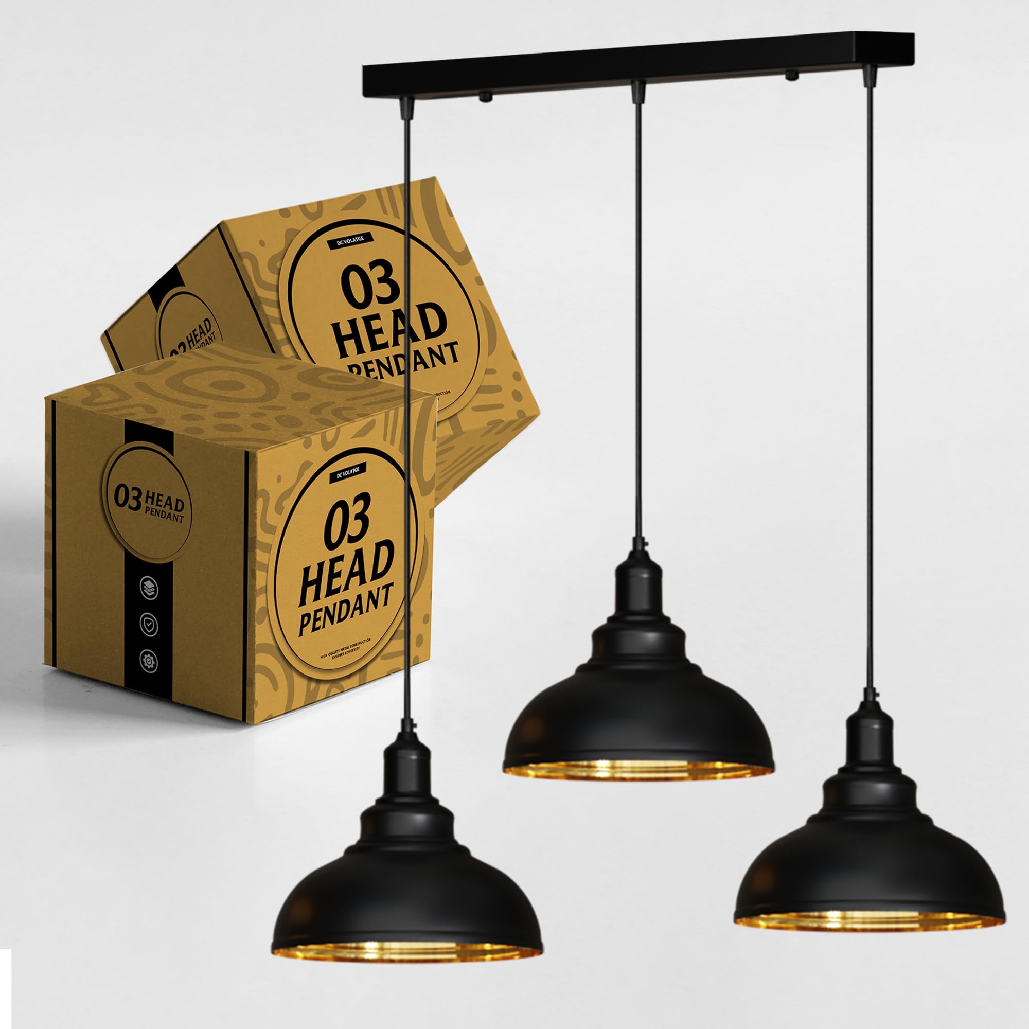 DC VOLTAGE Black Modern 3 Head Pendant Light, Vintage Ceiling Bar Light Fitting, Adjustable Hanging Rope Light, E27 Socket Industrial Chandelier Lamp for Kitchen Dining Room Bar