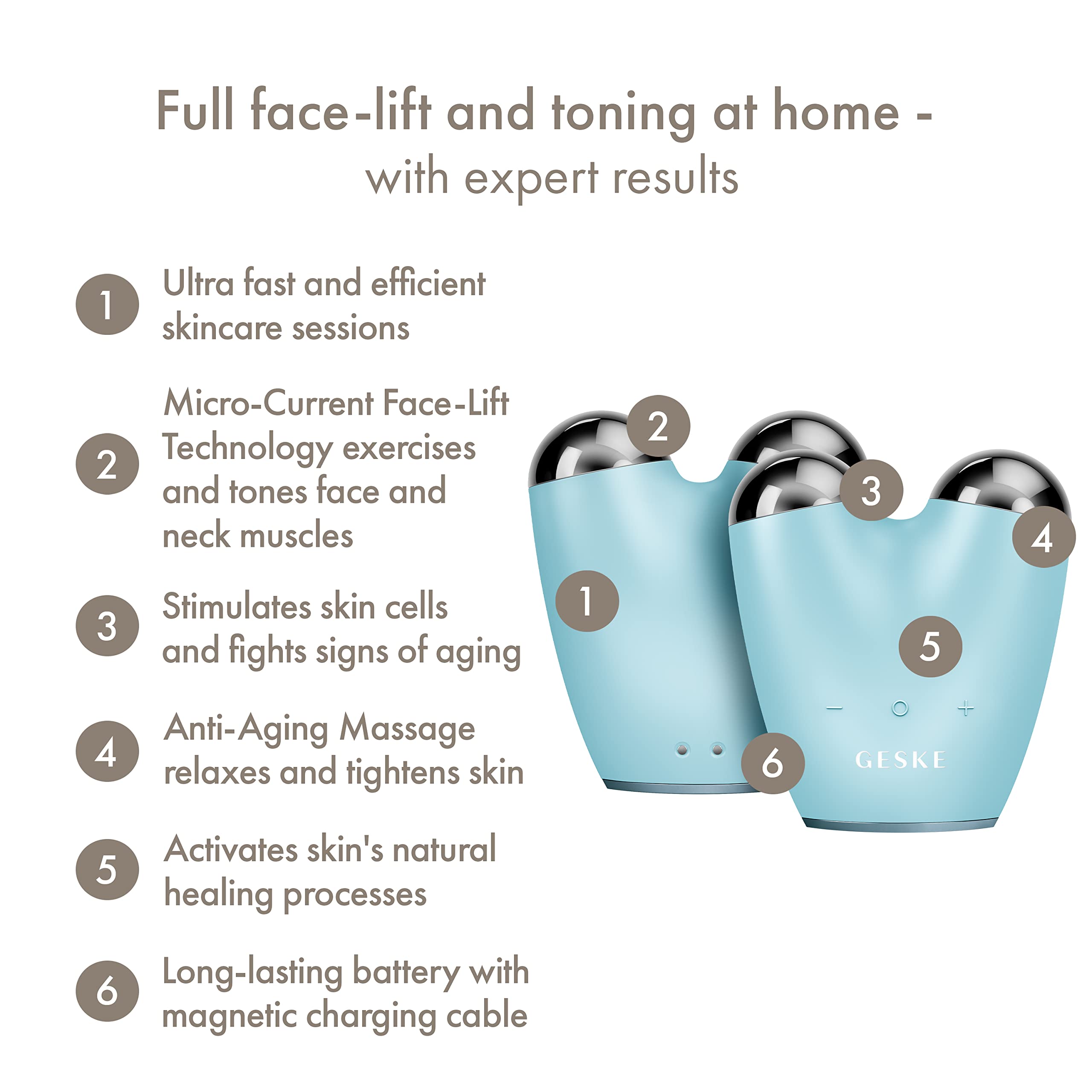 GESKE | Dispositivo lifting viso a microcorrente SmartAppGuided™ | 6 in 1 | Lifting facciale | Strumenti per la cura della pelle | Dispositivo anti-età | Microcorrente anti-rughe