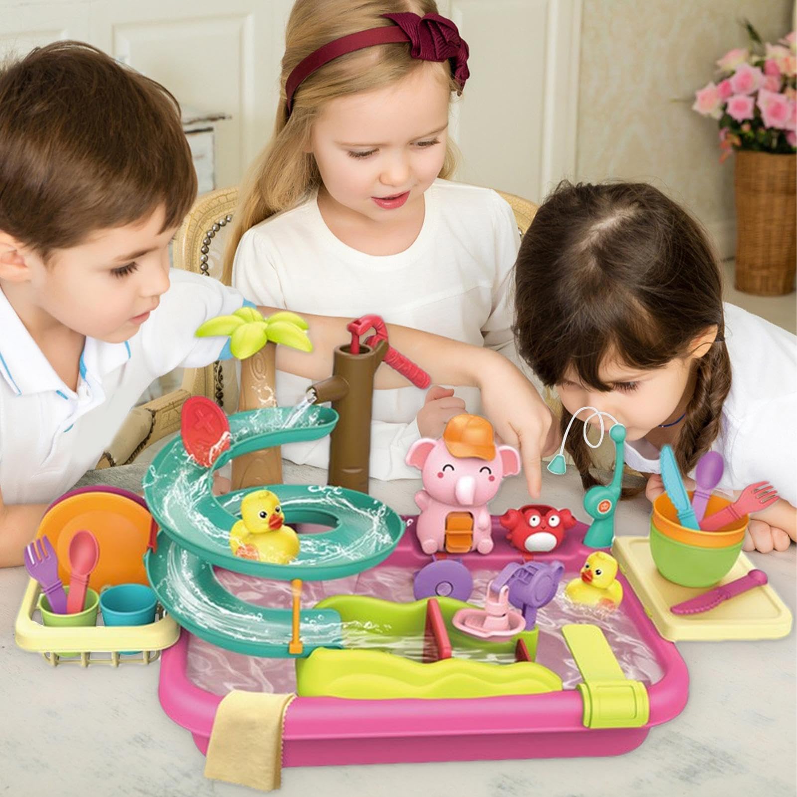 Teksome Fai finta di lavello con acqua corrente, giocattoli per lavello da cucina,Giocattoli galleggianti e da pesca per lavastoviglie e piscina 4 in 1 | Giocattolo da gioco per lavastoviglie, set da