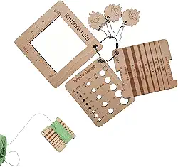 DKJEkdje Conjunto de medidor de tricô de madeira – medida de fio WPI + régua de densidade de 8 x 8 cm + 3 peças de marcadores de ponto de cordeiro + corrente para suéter, cachecol, chapéu, costura