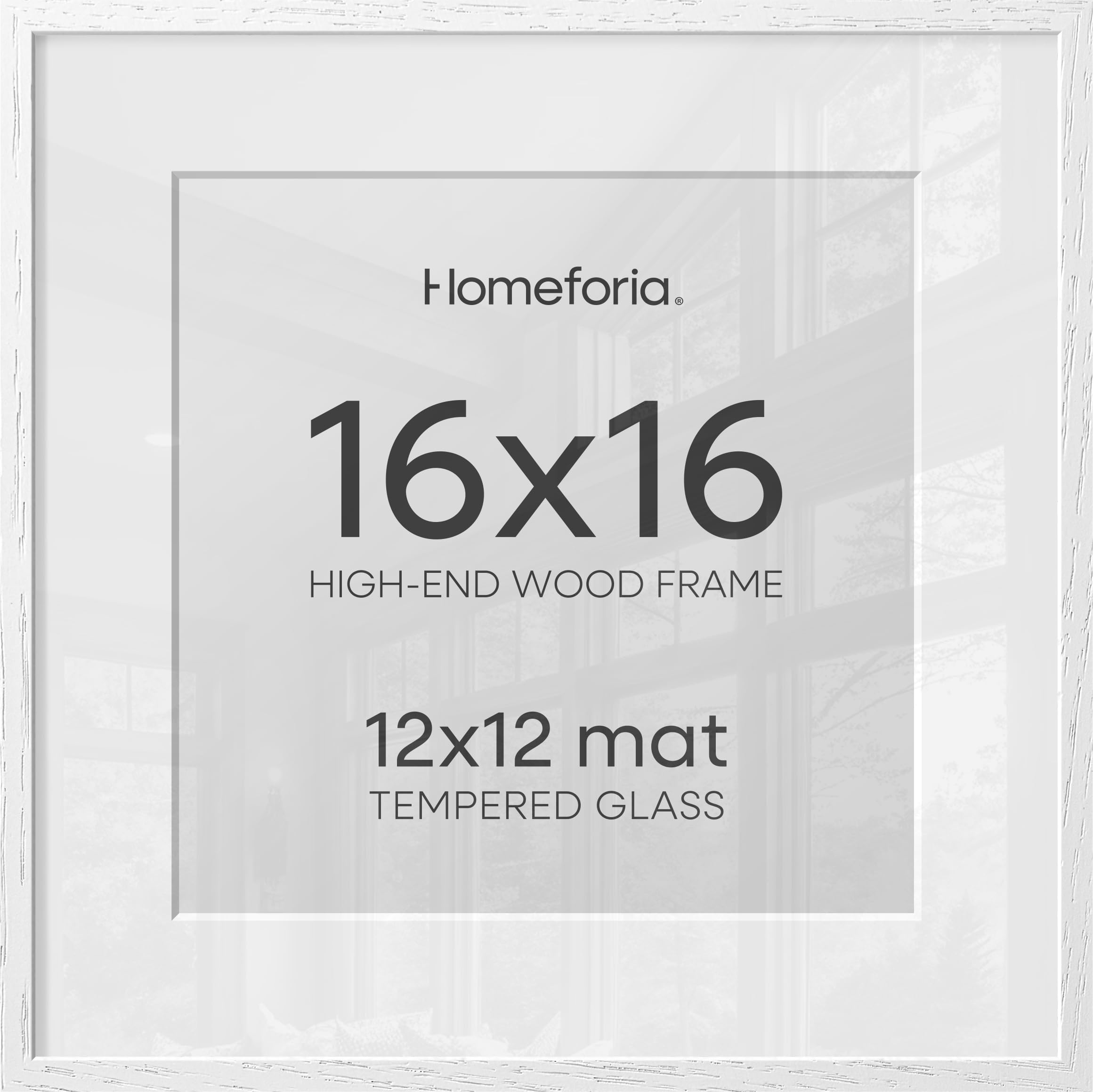 Homeforia 16x16 White Picture Frame, High End Oak 16 x 16 Square Wood Frames with Mat 12 by 12 inches Photo, 16by16 White Wooden Poster Frames Matted to 12x12 Print, Tempered Glass, Wall Kit, Set of 2