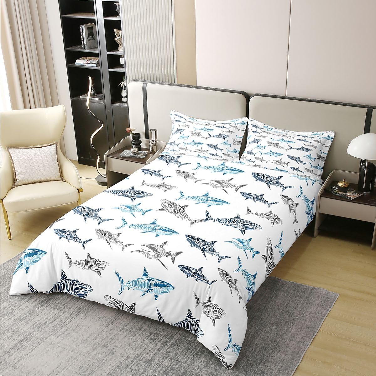 Homewish Niebieski szary rekin super king pościel życie morskie bawełna poszewka na kołdrę zestaw ocean dzikie zwierzę poszewka na kołdrę kreskówka urocze ryby pościel wystrój pokoju zestawy łóżek