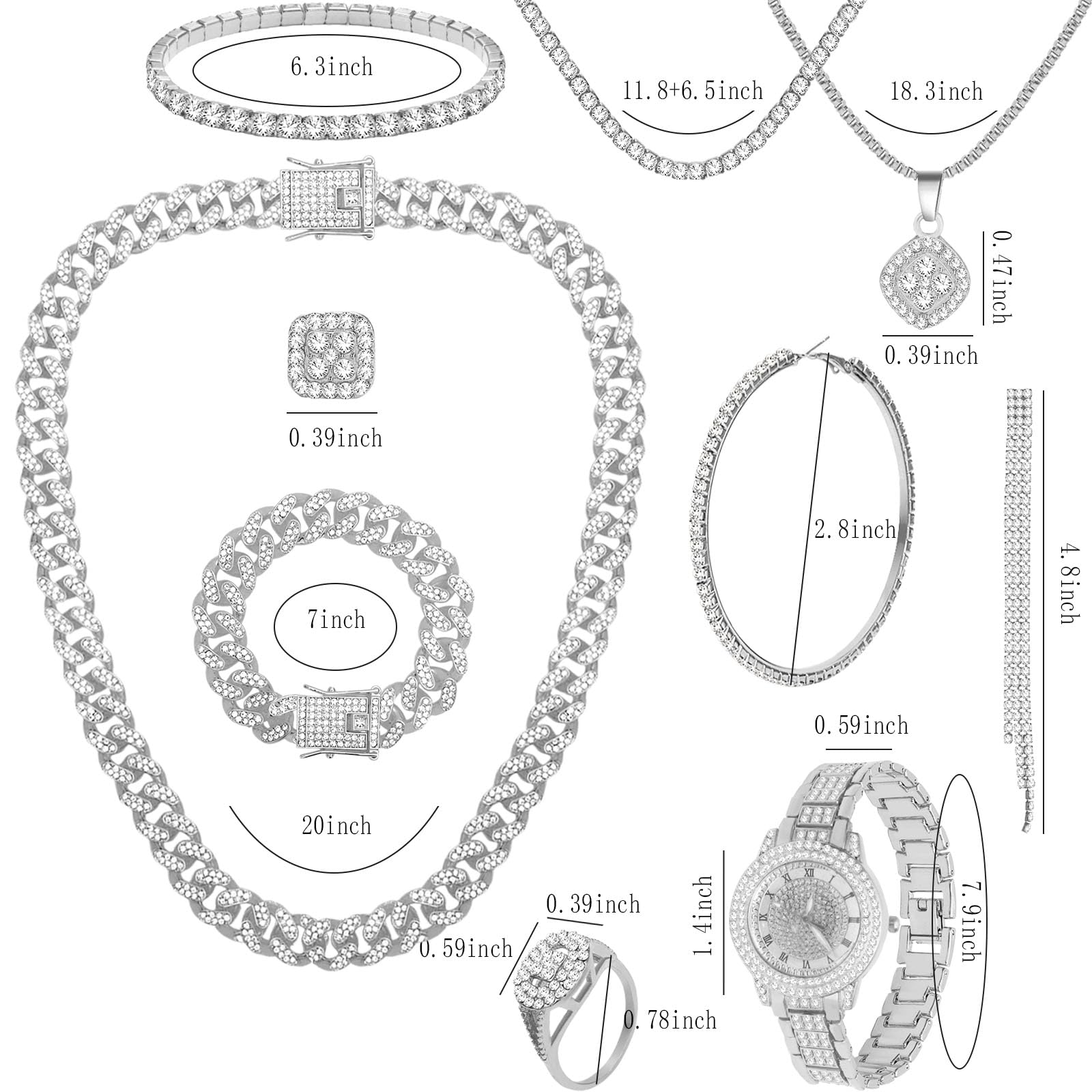 NEWITIN 13 Pieces Silver Jewelry Set for Women Stainless Steel Cuban Link Necklaces Bracelets Earrings Watch Ring Bling Cubic Zirconia Cuban Jewelry Set for Women Men