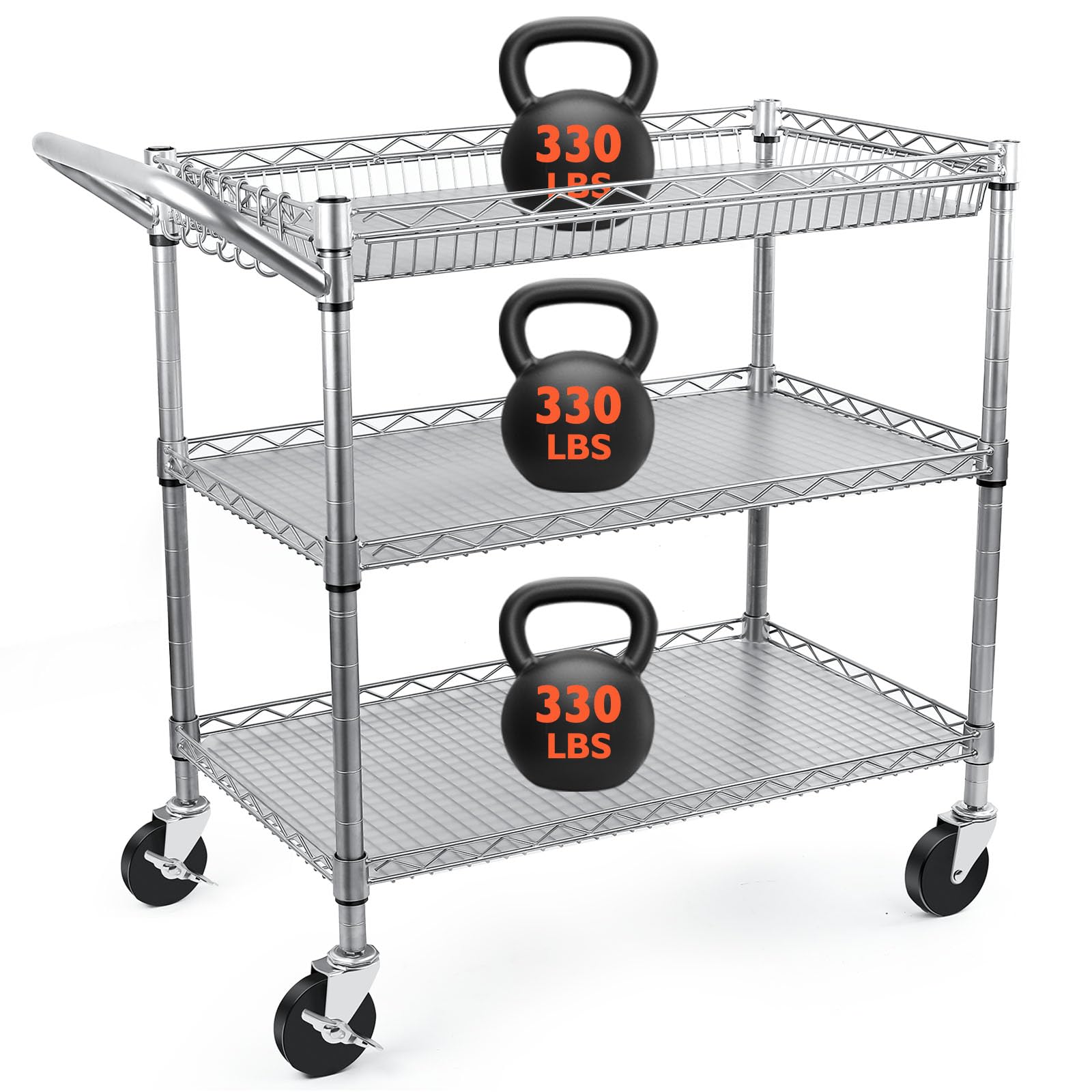 Heavy Duty Utility Cart, 990Lbs Capacity 3 Tier Rolling Carts with Wheels, Kitchen Cart on Wheels with Storage, Commercial Grade Metal Serving Carts with Wire Shelving &Handle Bar, Silver