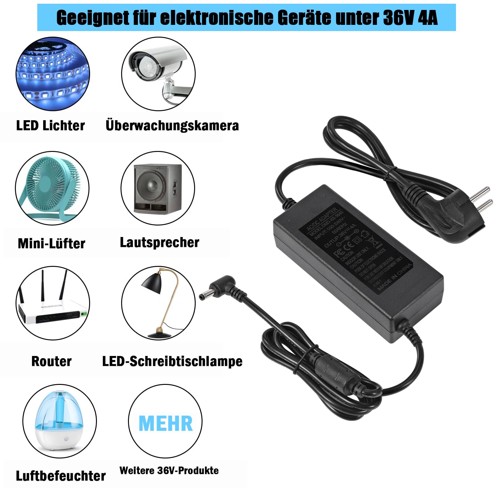 36V 4A Netzteil Adapter, AC 100V-240V to DC 36V 4A 144W Spannungswandler LED Trafo Transformator Stromversorgung 5,5mm x 2,5/2,1mm Stecker, Universal Netzadapter für LED Strip,LCD Monitor,CCTV Kameras