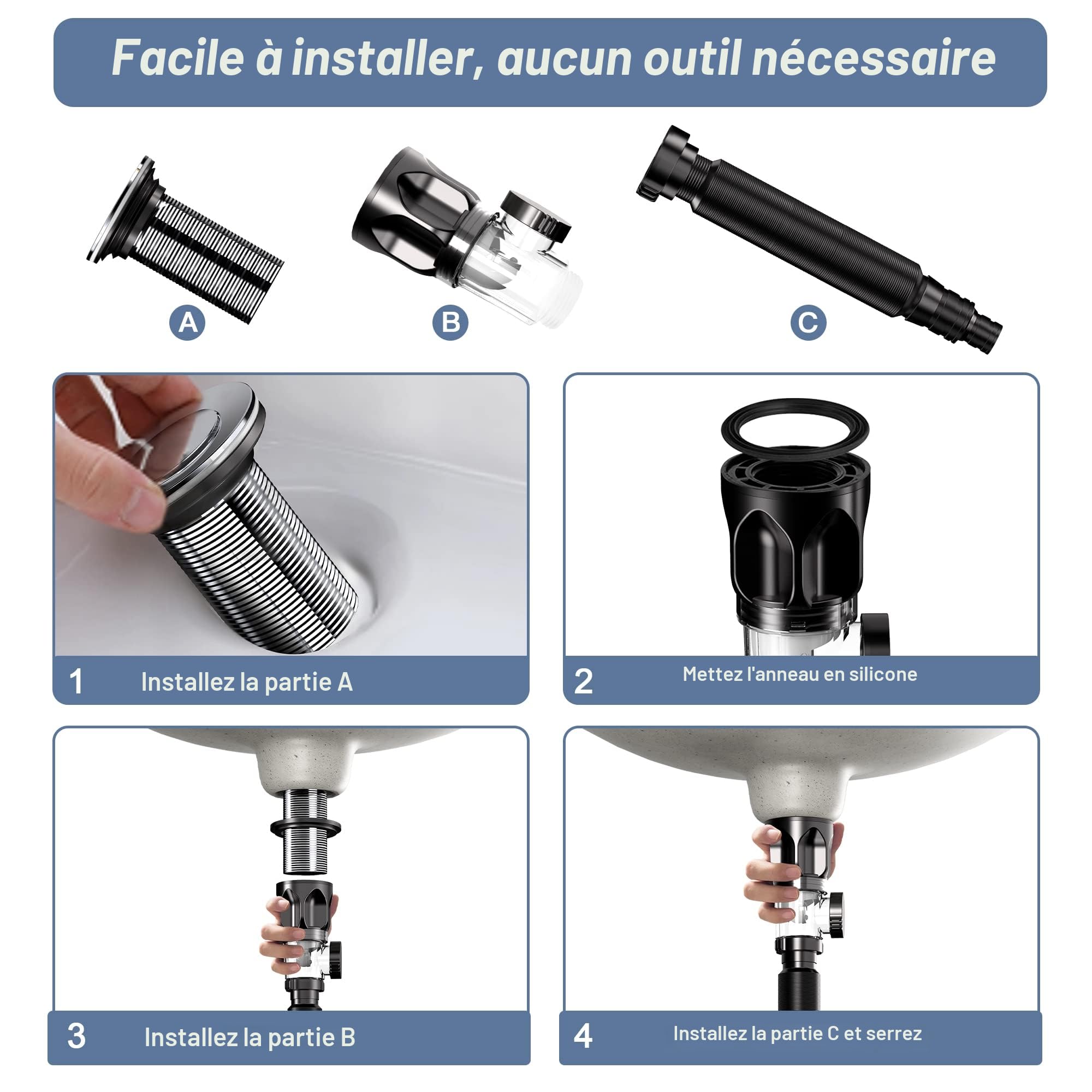 Bonde de Lavabo, Viafexna Kit de Vidange D'Évier De Salle de Bain, Siphon Lavabo Avec Tuyau de Vidange Flexible Rétractable en Pvc et Bouchon Lavabo Pop-Up, Résistant Aux Odeurs Et Aux Insectes
