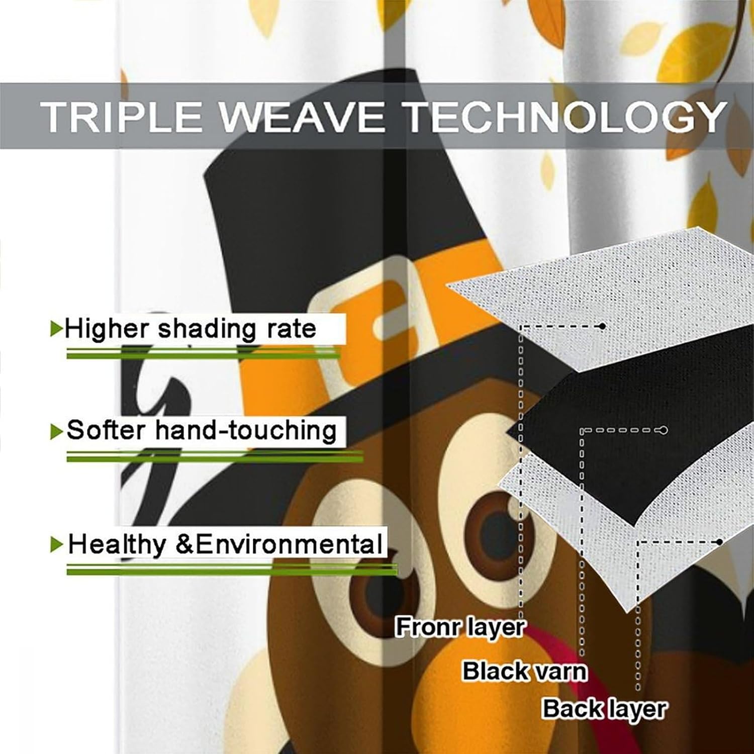 Happy Thanksgiving Curtains, Cartoon Turkey Autumn Branch Yellow Leaves Fall Harvest Rod Pocket Window Curtains for Home Kitchen Bedroom Living Room Holiday Decor, 42" W X 45" L, Blackout