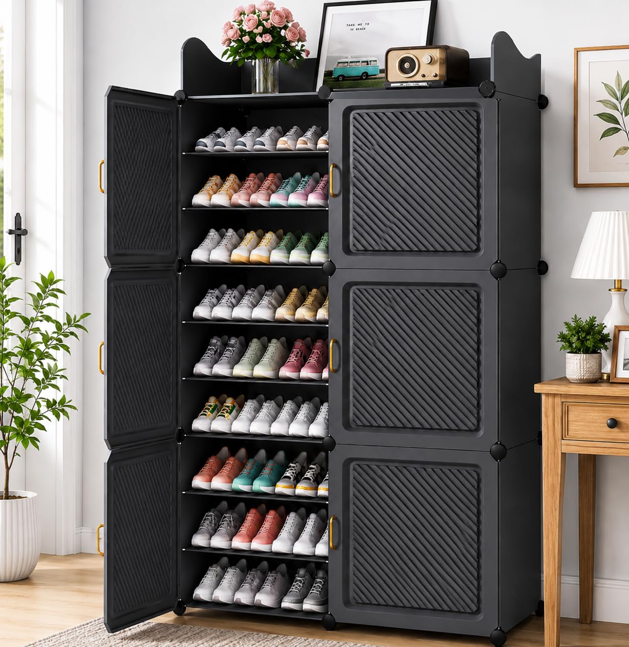 Mevigo Plastic Shoe Rack for Home with Door | 18-Tier Stackable Shoe Organizer | Holds 36 Pairs | Waterproof & Dustproof | DIY Modular Shoe Cabinet | Chappal Slipper Stand for Bedroom, Entryway Grey