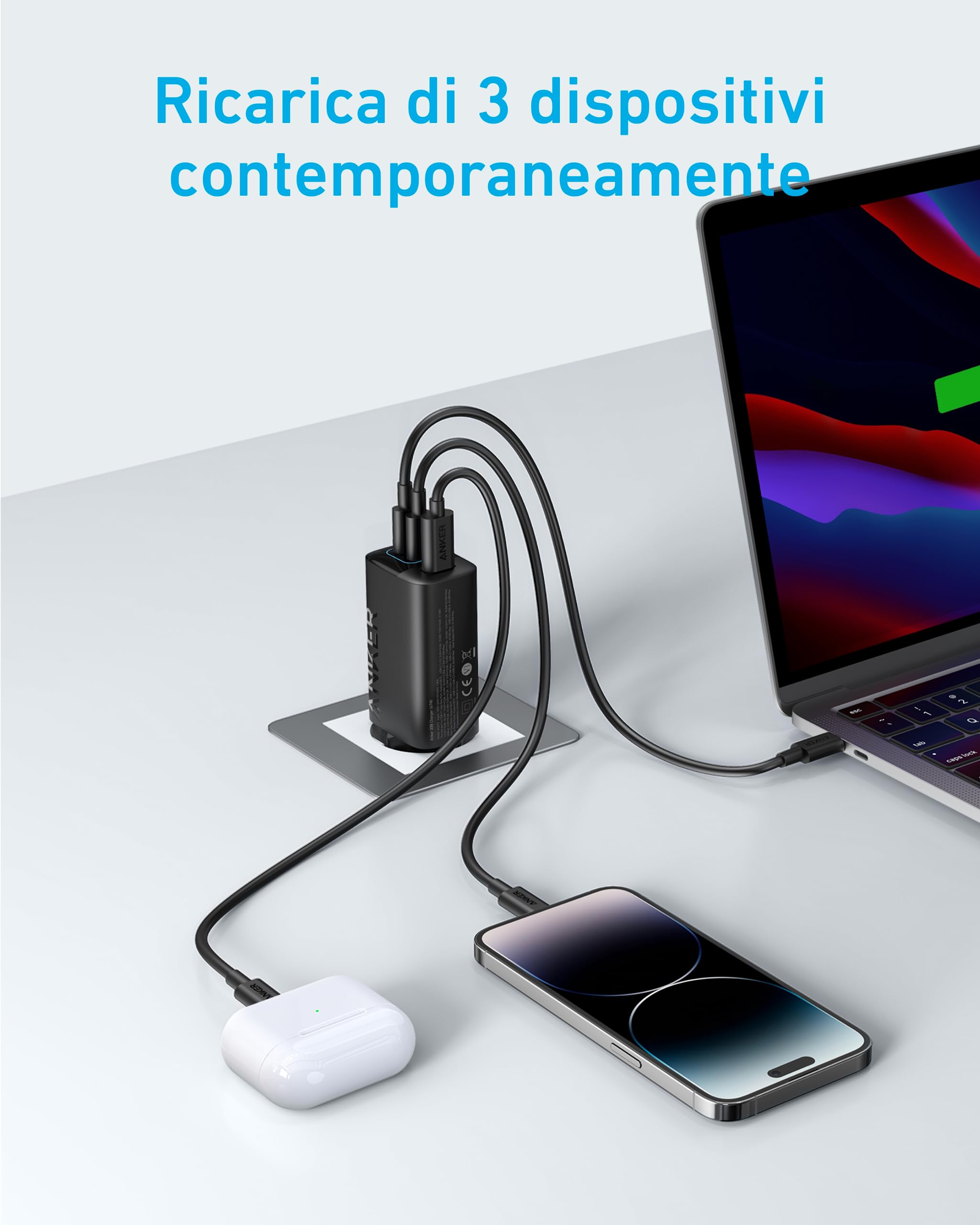 Anker Caricatore USB C 67W PIQ 3.0 3 Porte per iPhone MacBook iPad Samsung Pixel