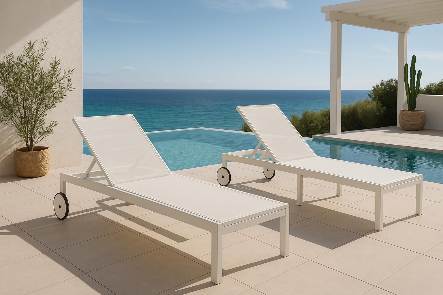 MOMMA HOME Tumbona Jardin Exterior - Reclinable 5 Posiciones, para Piscina y jardín, Ruedas de Aluminio, Textilene Tumbona Plegable, 196x65x30,5/83 cm (Blanco)