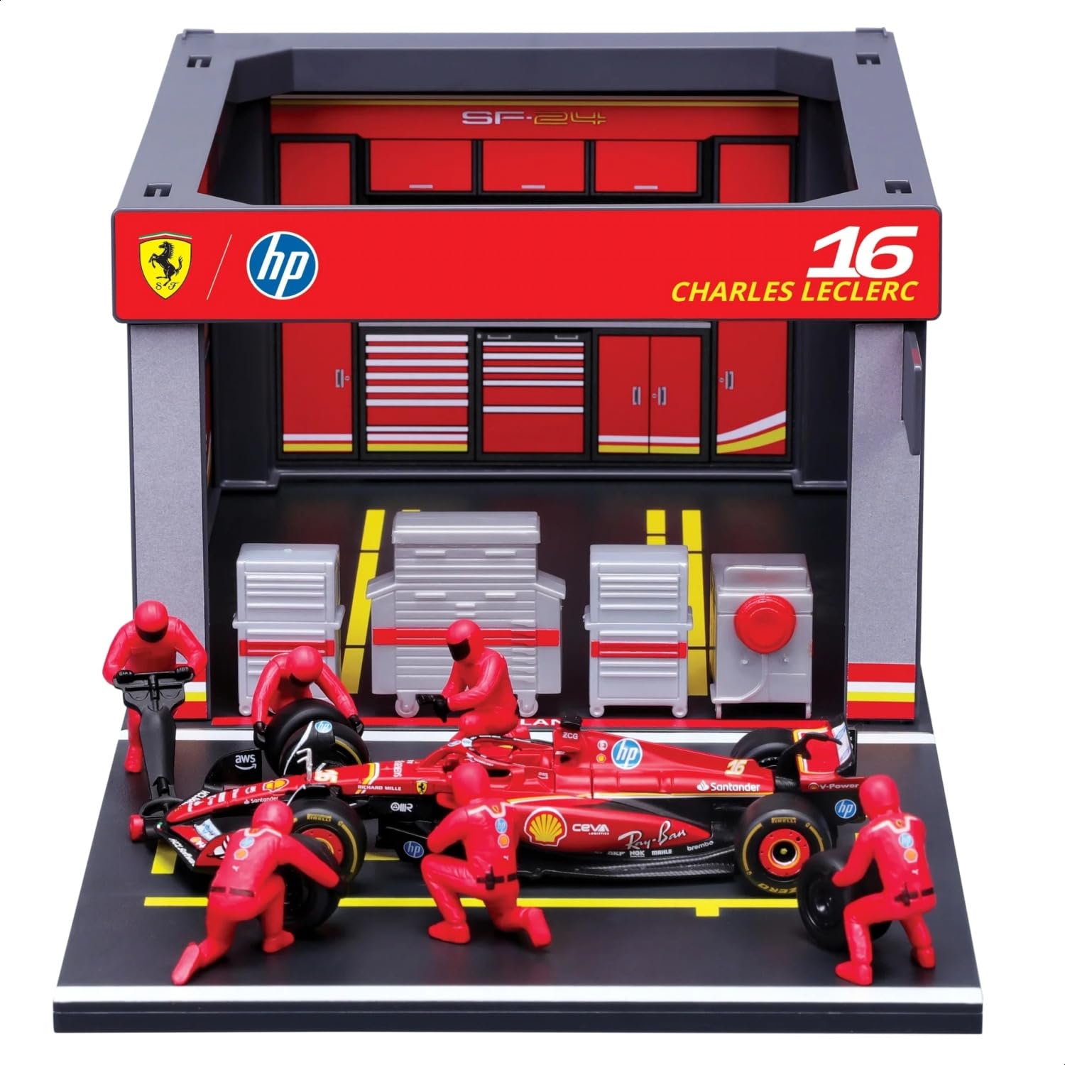 BBURAGO PIT STOP Ferrari SF-24#16 Leclerc, Playset con Diorama, Veicolo in Scala 1:43 e 6 Meccanici, Replica Dettagliata con Licenza Ufficiale Ferrari, Età Consigliata 3+ Anni
