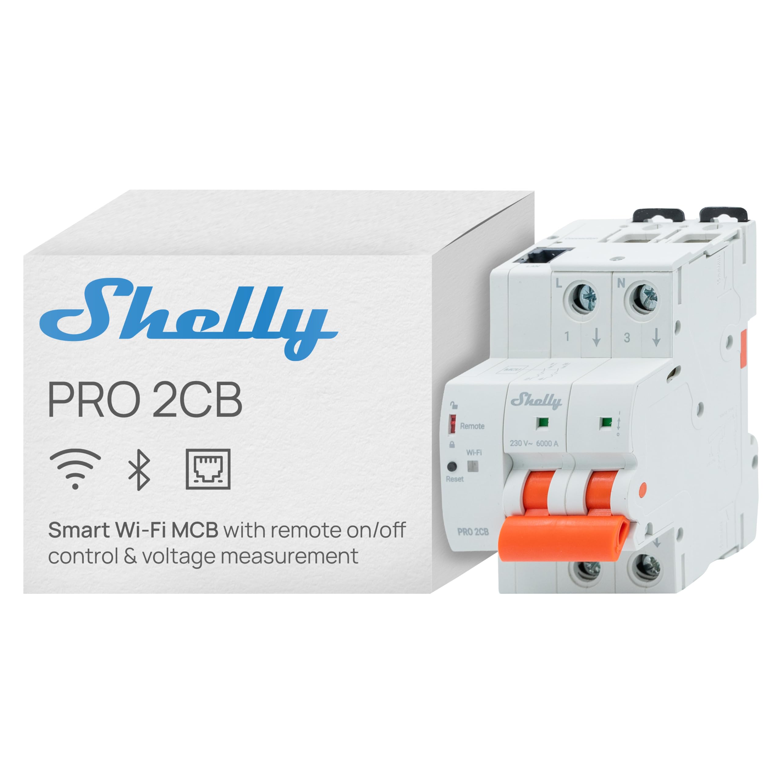 Shelly Pro 2CB C16 - WLAN & Ethernet Smarter Leitungsschutzschalter, 16A 2-polig Typ C, Ferngesteuertes Schalten, Überspannungs- & Unterspannungsschutz, Spannungsüberwachung, Hutschiene