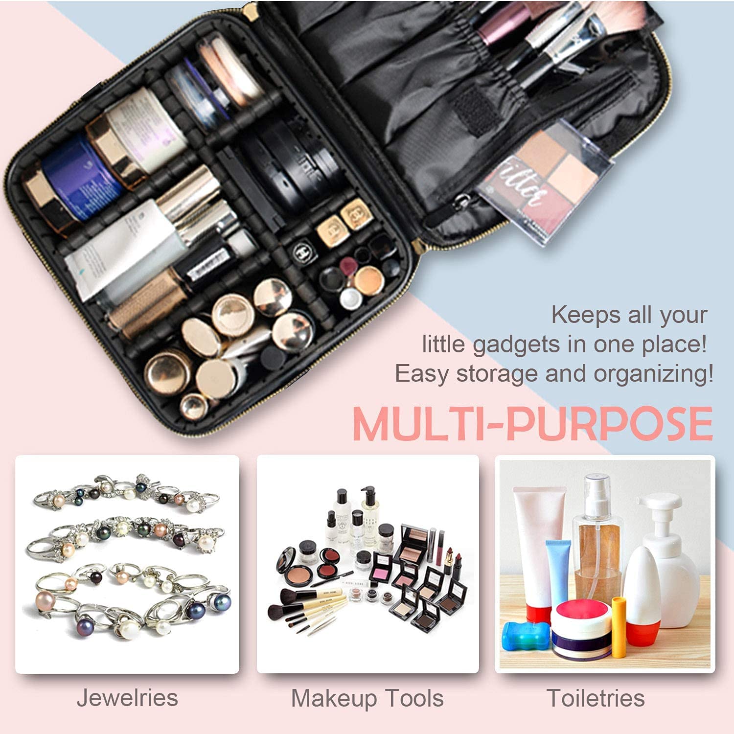 Bvser Travel Makeup Case, PU Leather Portable Organizer Makeup Train Case Makeup Bag Cosmetic Case with Adjustable Dividers for Cosmetics Makeup Brushes Women (Pink) 1