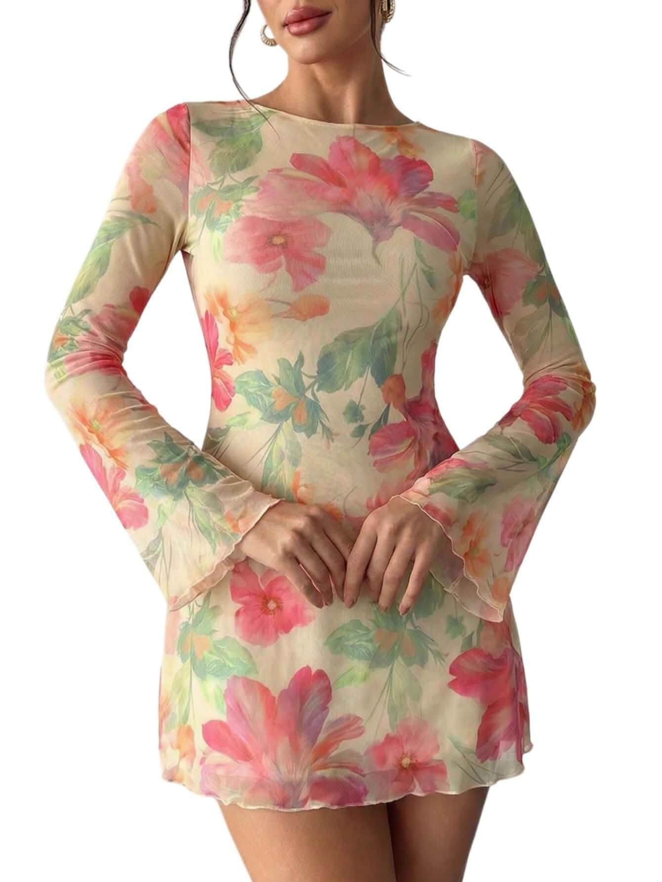 Milumia Women's Floral Long Sleeve Mini Dress 70s Going Out Dresses Sheer Mesh,Wedding Guest Dress,A-Line,,Beach Vacation,Date Night,Fall Dresses For Women 2026