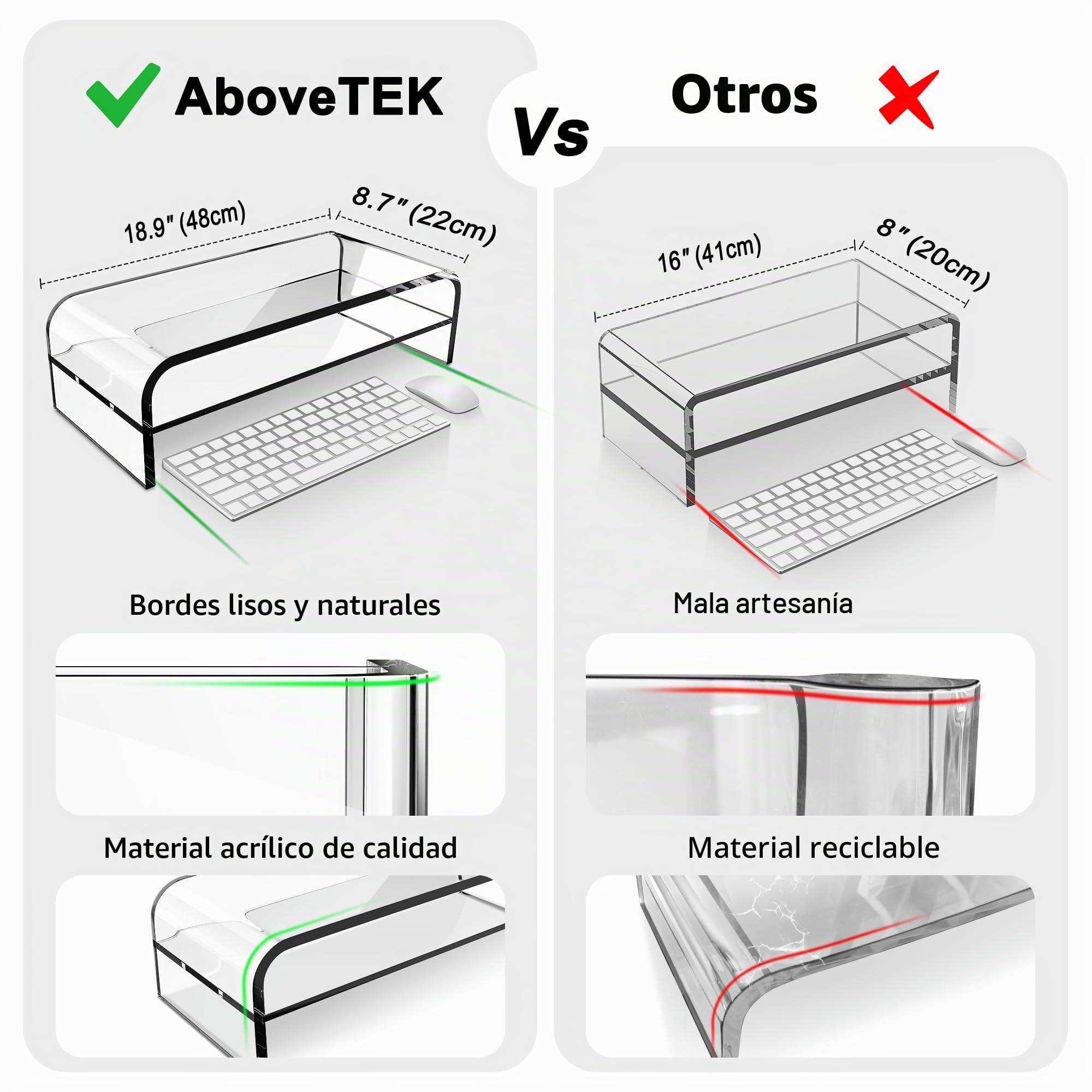 AboveTEK Supporto per Monitor Acrilico a 2 Livelli, Elevatore per Computer per Ufficio Domestico, Supporto da Scrivania Multimonitor da 48cm x 22cm per iMac, Multi-Media, Stampante, Portatile, TV