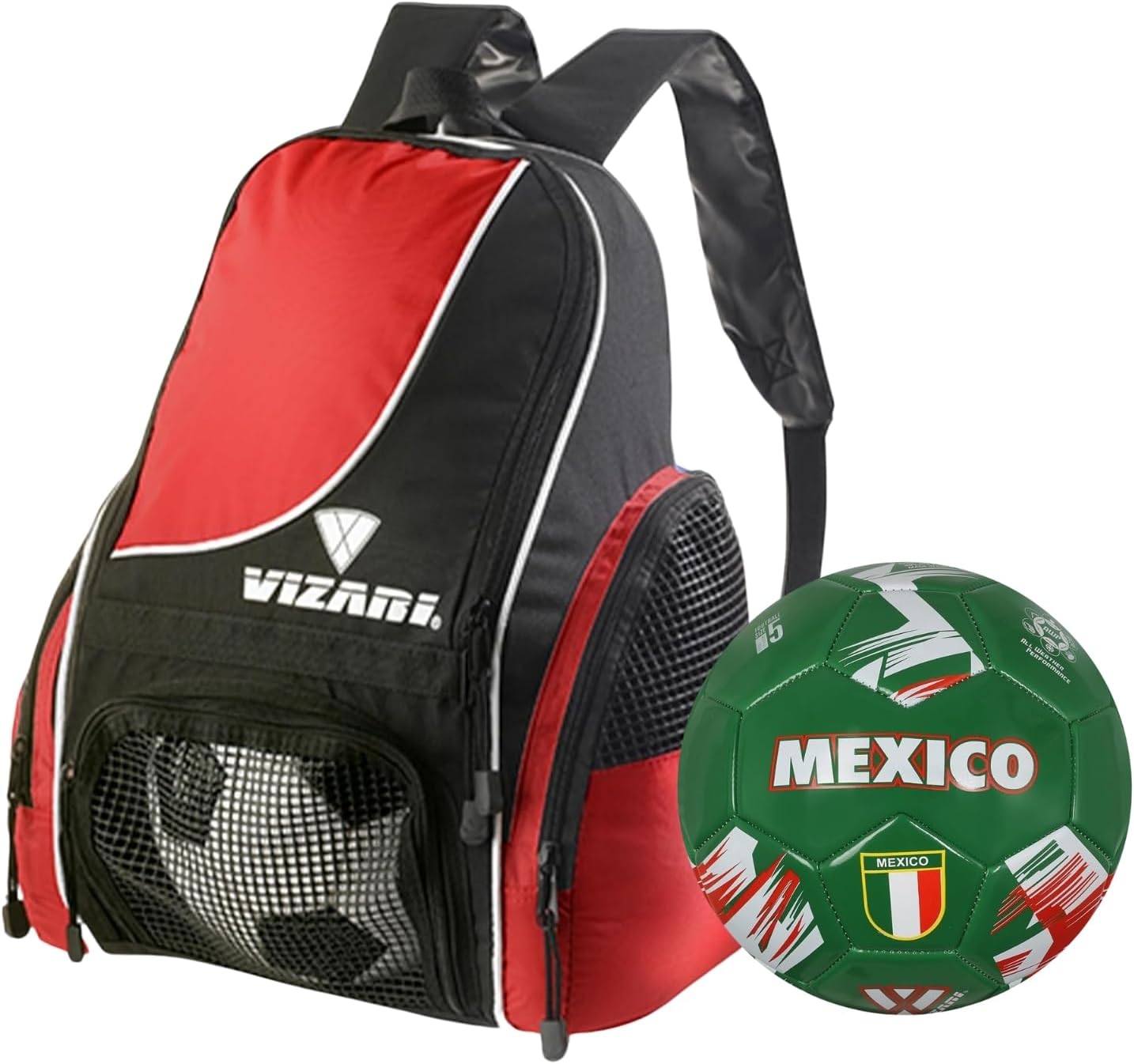 Vizari Solano Multi-Sport Backpack (Red) with National Team Soccer Ball Combo | Versatile Sports Backpack with Durable Faux Leather & Rubber Country Ball (Mexico, Size 3)