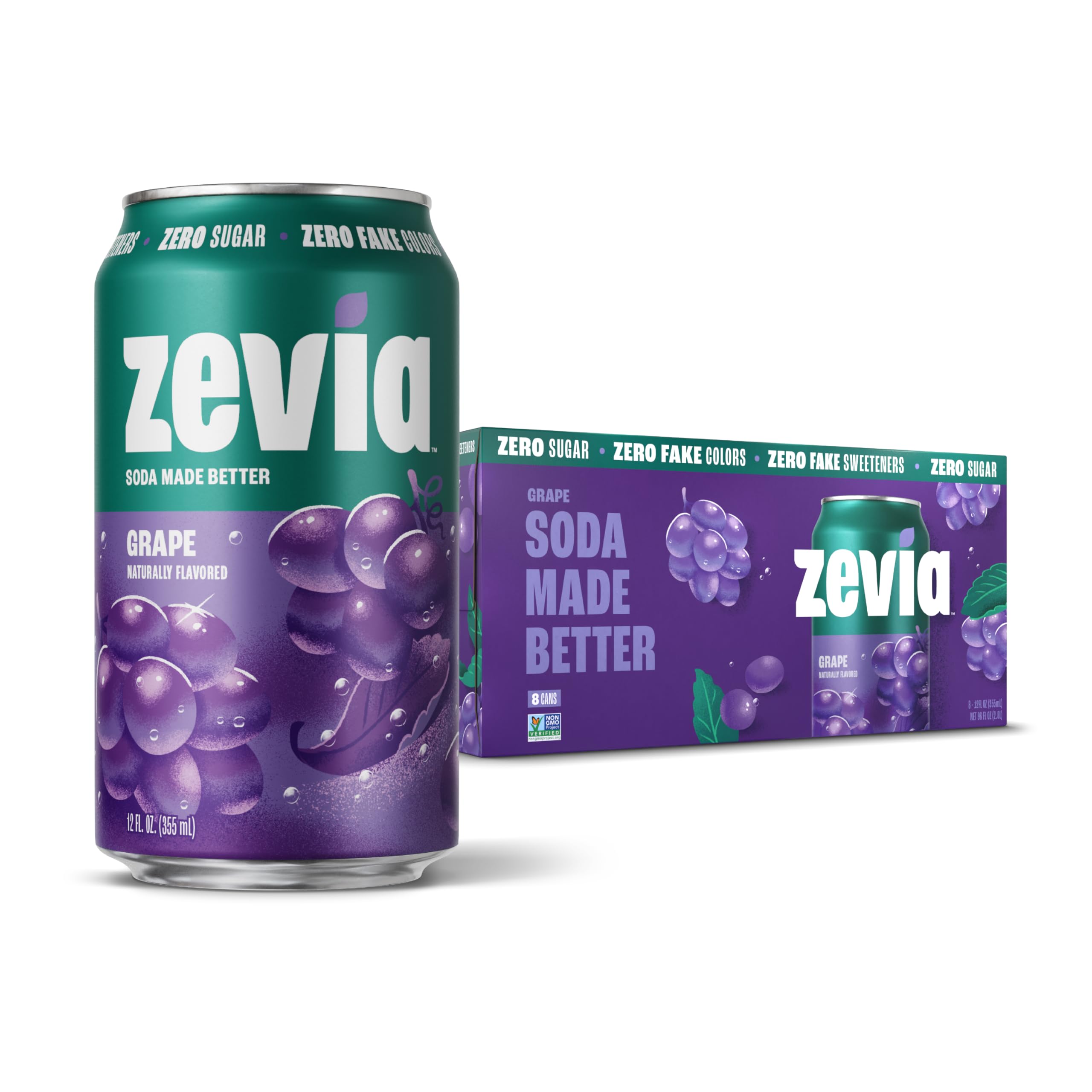 Zero Sugar Soda, Grape, 12 oz Cans (8-Pack) – Naturally Sweetened, Non-GMO Project Verified, Gluten-Free, Vegan
