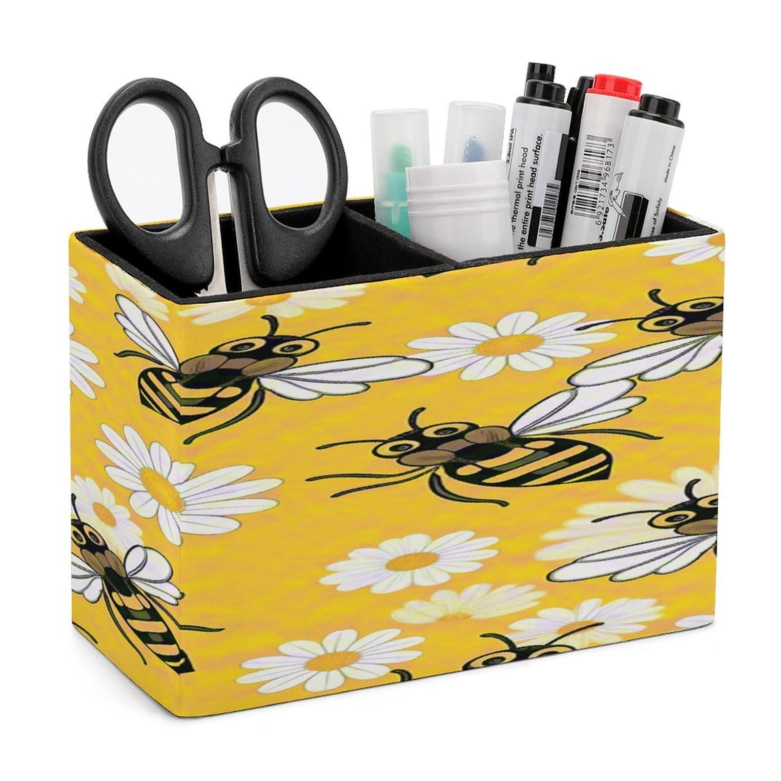 VstaDank Bee Daisy Pattern Pencil Holder for Desk Organizer 2 Compartments Pen Cup Leather Square Pen Holder Pencil Cup Stand Makeup Brush Holders for Desktop Organizer Storage Case