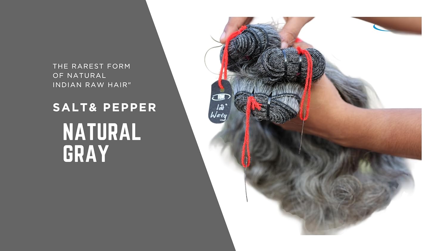 Salt & Pepper Natural Gray Indian Raw Hair Extensions – 100% Unprocessed Human Hair, 12” Wavy, 3 Bundles