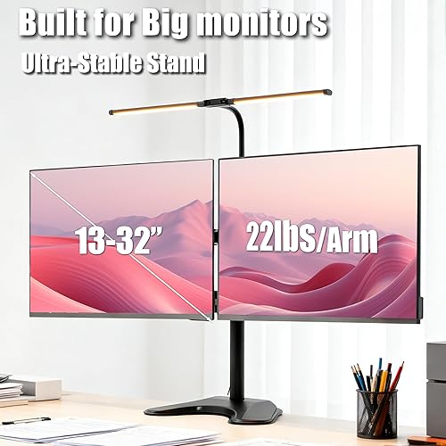 Miniatura 7 de Soporte de monitor doble de 13 a 32 ″ para escritorio con lámpara de escritorio LED ajustable, soporte para monitor con luces LED, soporte de