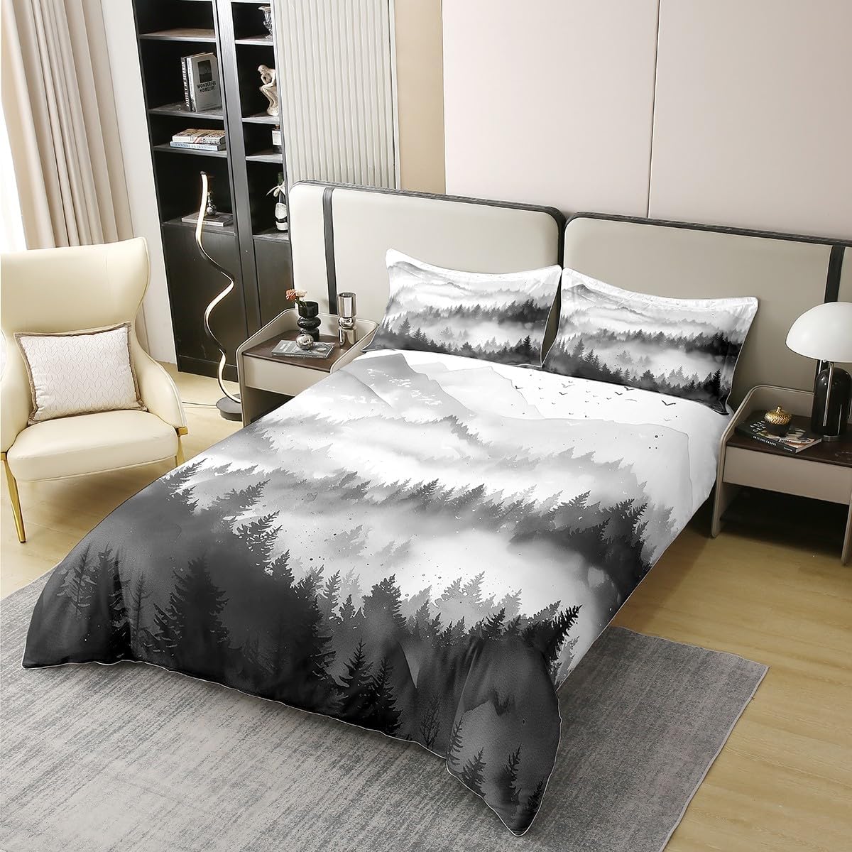 Feelyou Smoky Mountain 100% Cotton Duvet Cover Full Size Watercolor Bedding Set Foggy Scenic Comforter Cover Set Boho Succulent Bedspread Cover Nature Lover Gift Bedclothes Zipper,No Comforter