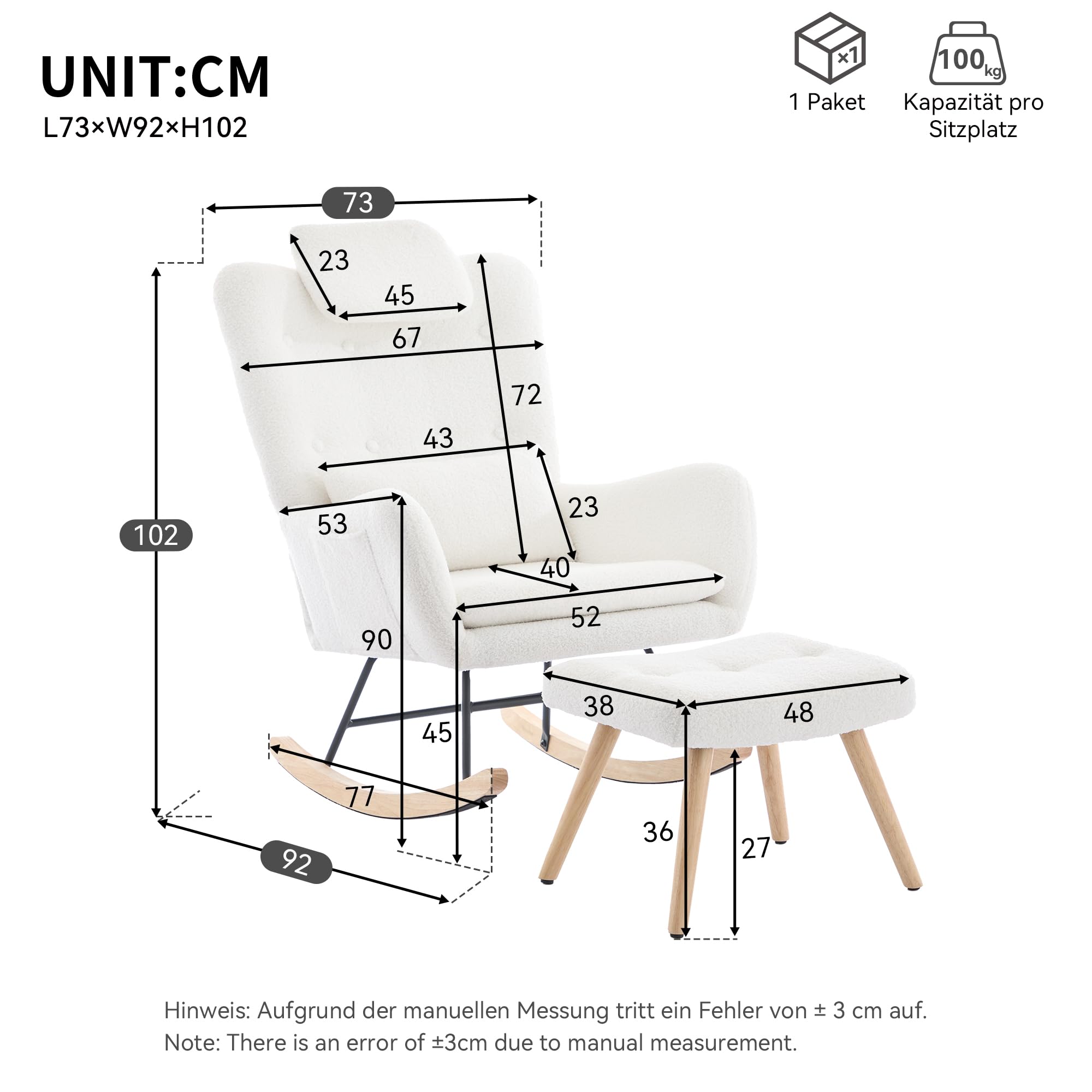 Merax Fauteuil à bascule avec tabouret - Chaise relax ergonomique en velours Teddy avec accoudoirs, coussins de nuque et lombaires - Pieds en bois - Charge maximale : 100 kg - Pour chambre à coucher