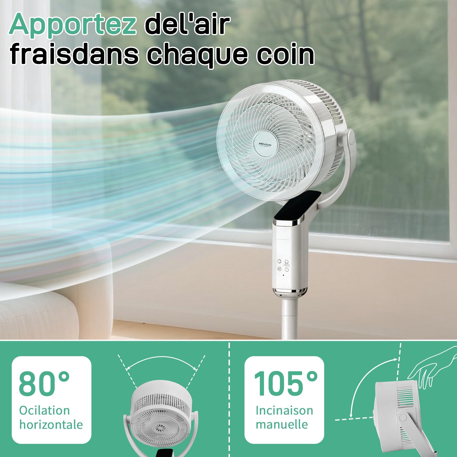 LEADZM Standventilator, leise, leistungsstark, omnidirektionale Oszillation 90 ° + 120 °, Höhe 62 – 110 cm, 8 Geschwindigkeitsstufen, Timer 15 Stunden (112 cm)