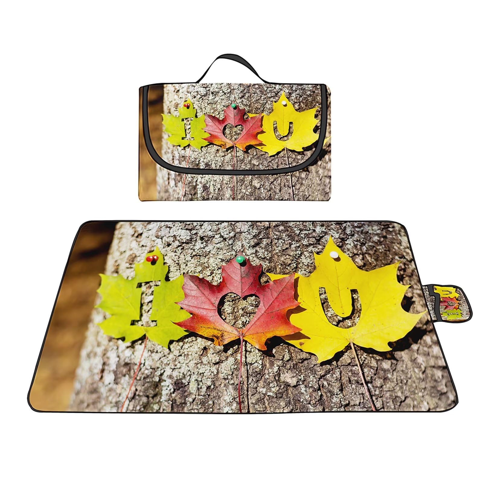 Couverture Pique-nique Imperméable 150x150cm,Couverture Plage Extérieure XXL Tapis de Plage,Feuilles d'amour Camping Couverture étanche Pique-nique avec Poignée pour Camping Randonnée Parc Plage