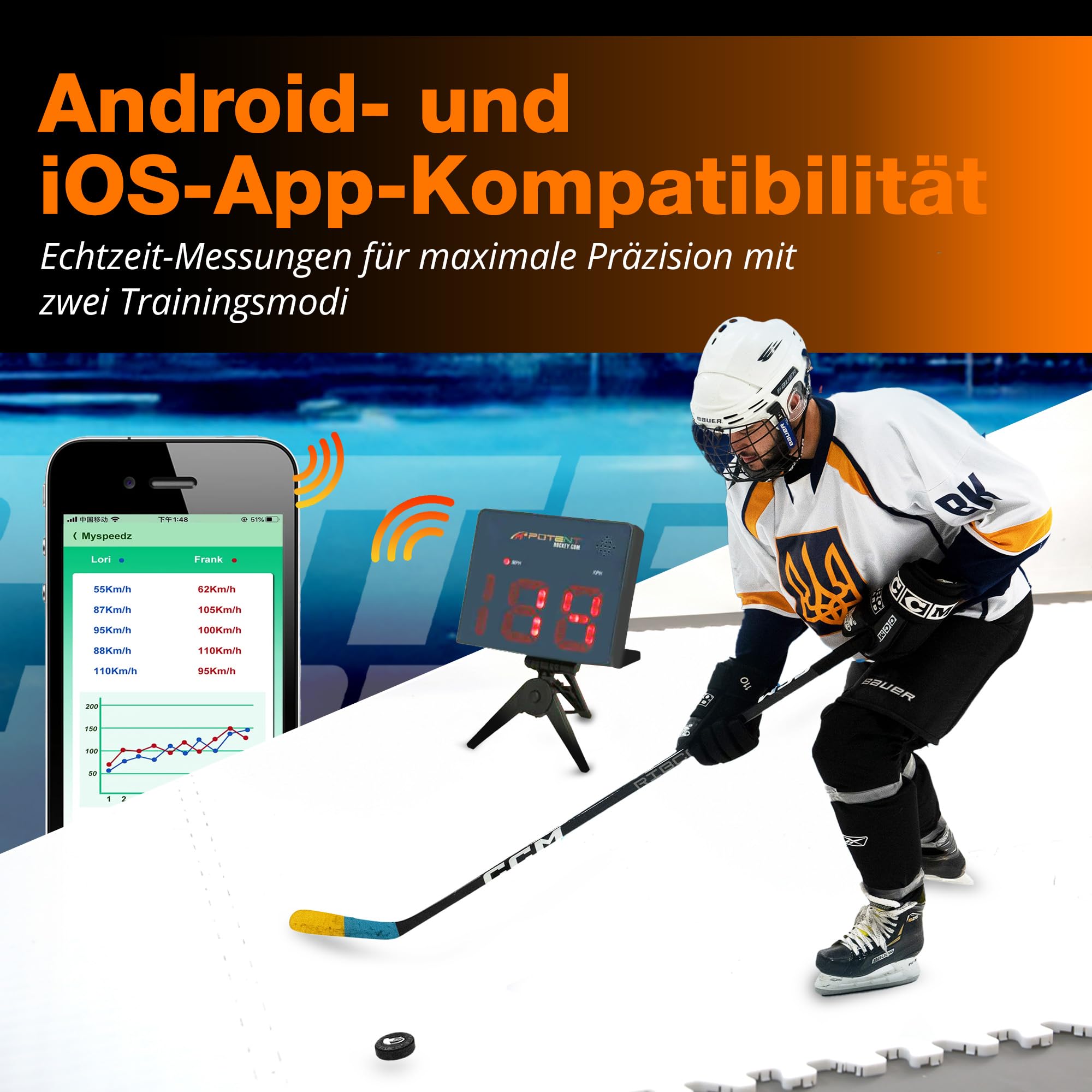 Potent Hockey, Fußball & Racket Ball Speed Radar Gun – Präzises Geschwindigkeitsmessgerät – Tragbar & wiederaufladbar – Für Android & iOS – Ideal für Eishockey, Fußball & Racket Ball
