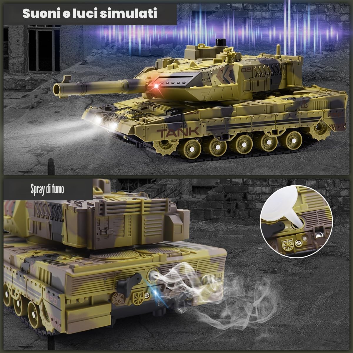 Carro Armato RC che Spara per Bambini Adulti, Modello di Veicoli Militari con Controllo Remoto 2.4G, Carro Armato dell'Esercito Giocattolo con Suono Demo Automatico, Luce, Fumo, 13 Canali