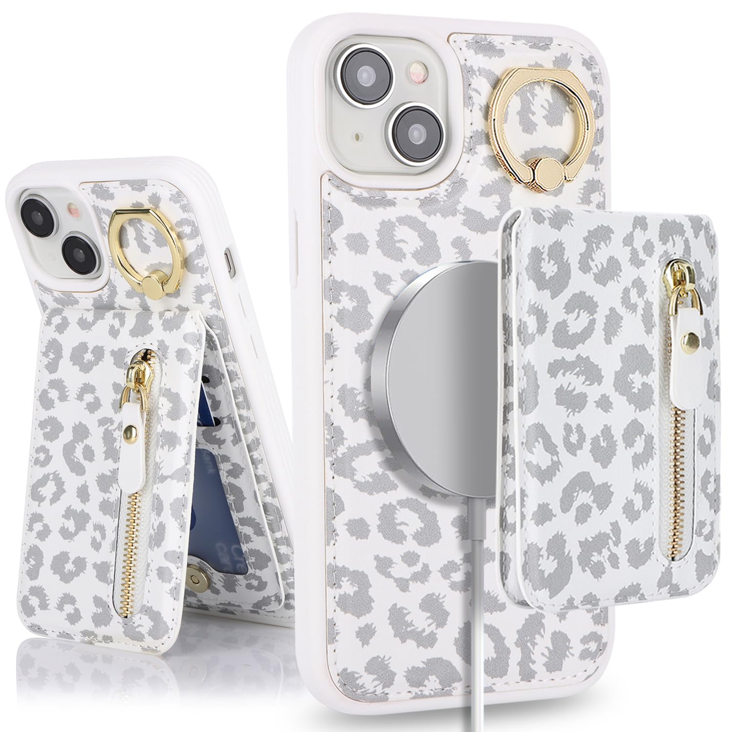 DEYHU iPhone 15 plus case with Card Holder, iPhone 15 plus Phone Case Wallet for Women magsafe Compatible Wallet Detachable 2-in-1 for Men-White Leopard