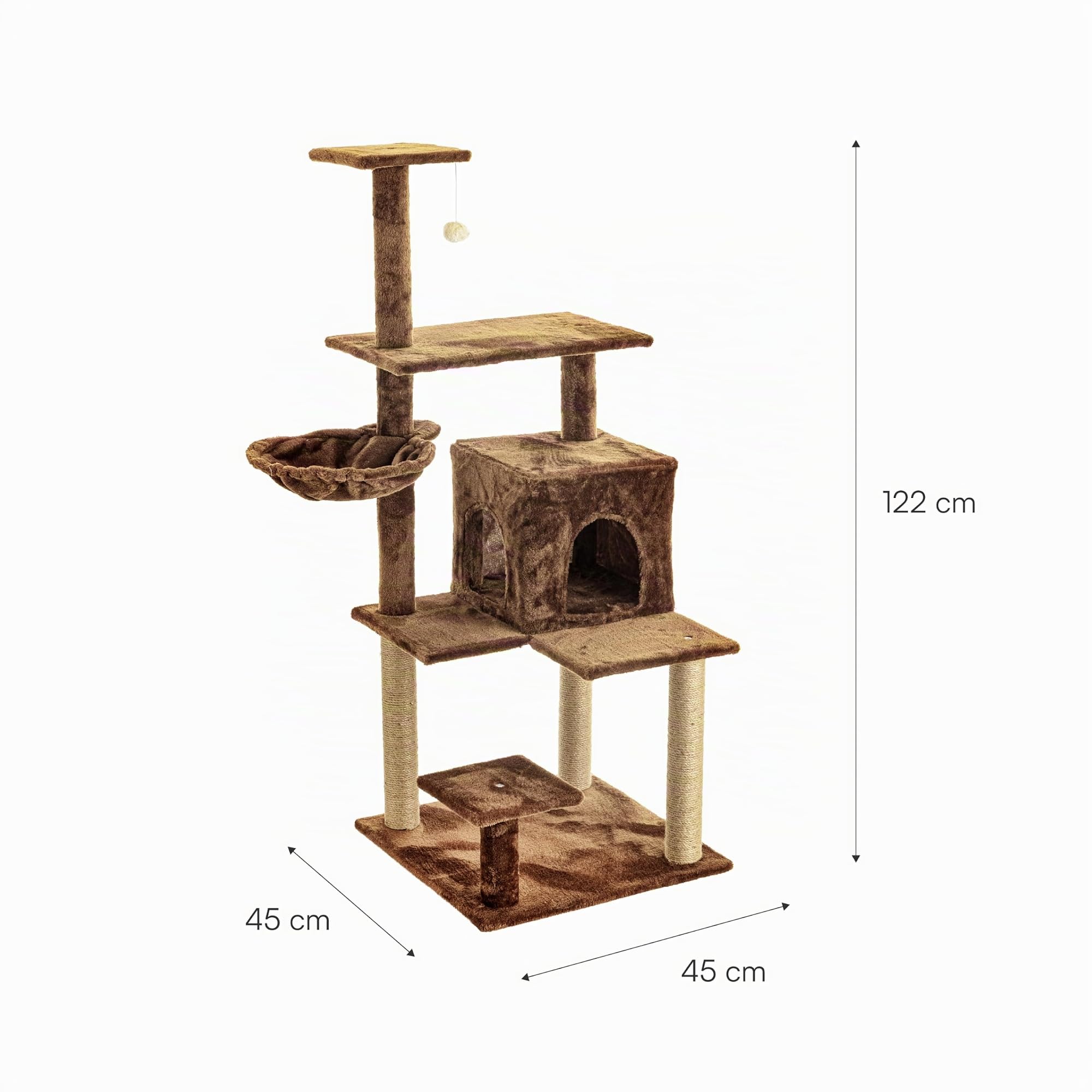 Baroni Home Tiragraffi ad Albero per Gatti, Tiragraffi per Gatti e Gattini, 4 Piani con Palla, Amaca e Cuccia Rettangolare, 45x45x122 cm, Marrone