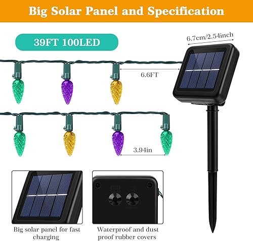 Miniatura 6 de Guirnalda de luces solares para exteriores, luces solares impermeables con energía solar de 39 pies, 100 luces de fresa y 8 modos para patio,