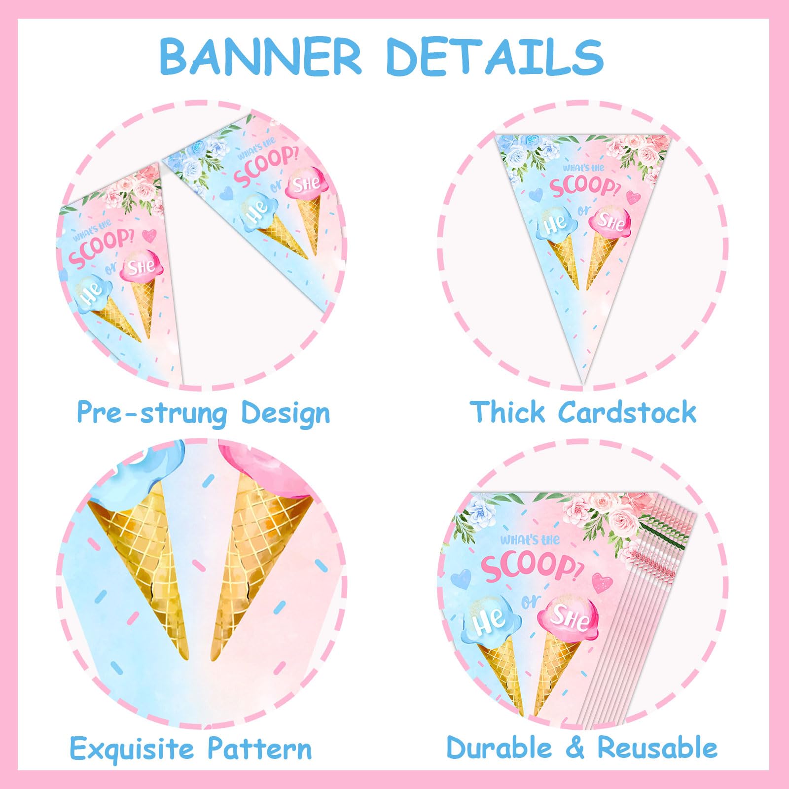 Jollyboom Decorazione per rivelare il genere del gelato, 3 pezzi Qual è lo scoop Gender Reveal Banner Triangolo Gagliardetto Bandiera Banner per Estate Tema Gelato Baby Shower Genere Reveal Party