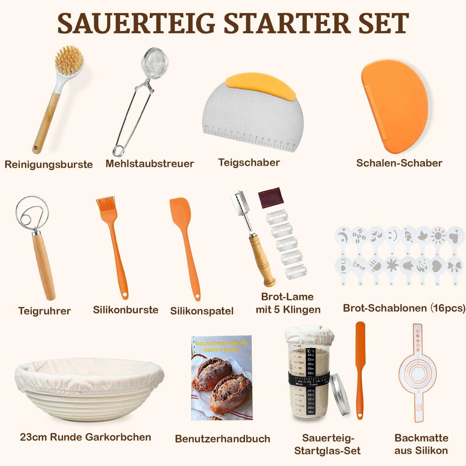 Banneton Pour Pain, Kit Boulangerie Levain, Corbeille a Pain en Rotin Naturel, Kit boulangerie avec Lame Boulanger, Panier Fermentation Pain set Adapté aux DéButants et Professionnels